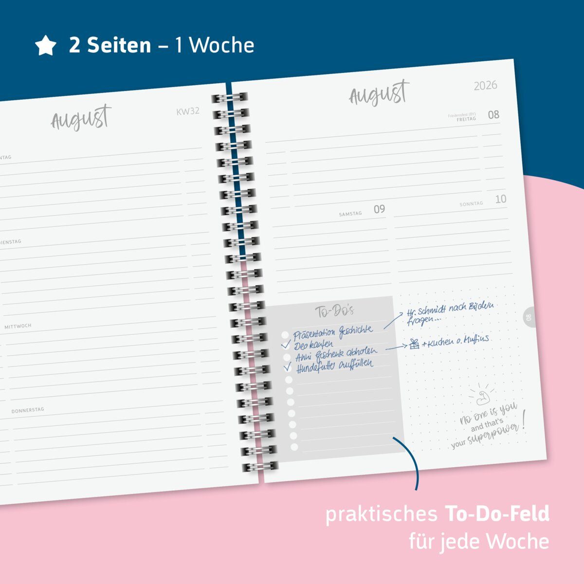 BRUNNEN Buchkalender Schülerkalender A5 1 Woche/2 Seiten Pretty Pink 2026/2027 (3 Stück)