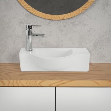 LuxeBath Waschbecken Aufsatzwaschbecken aus Keramik für Badezimmer/Gäste-WC, Handwaschbecken Oval 44,5x25,5x12 cm Schwarz links Hahnloch
