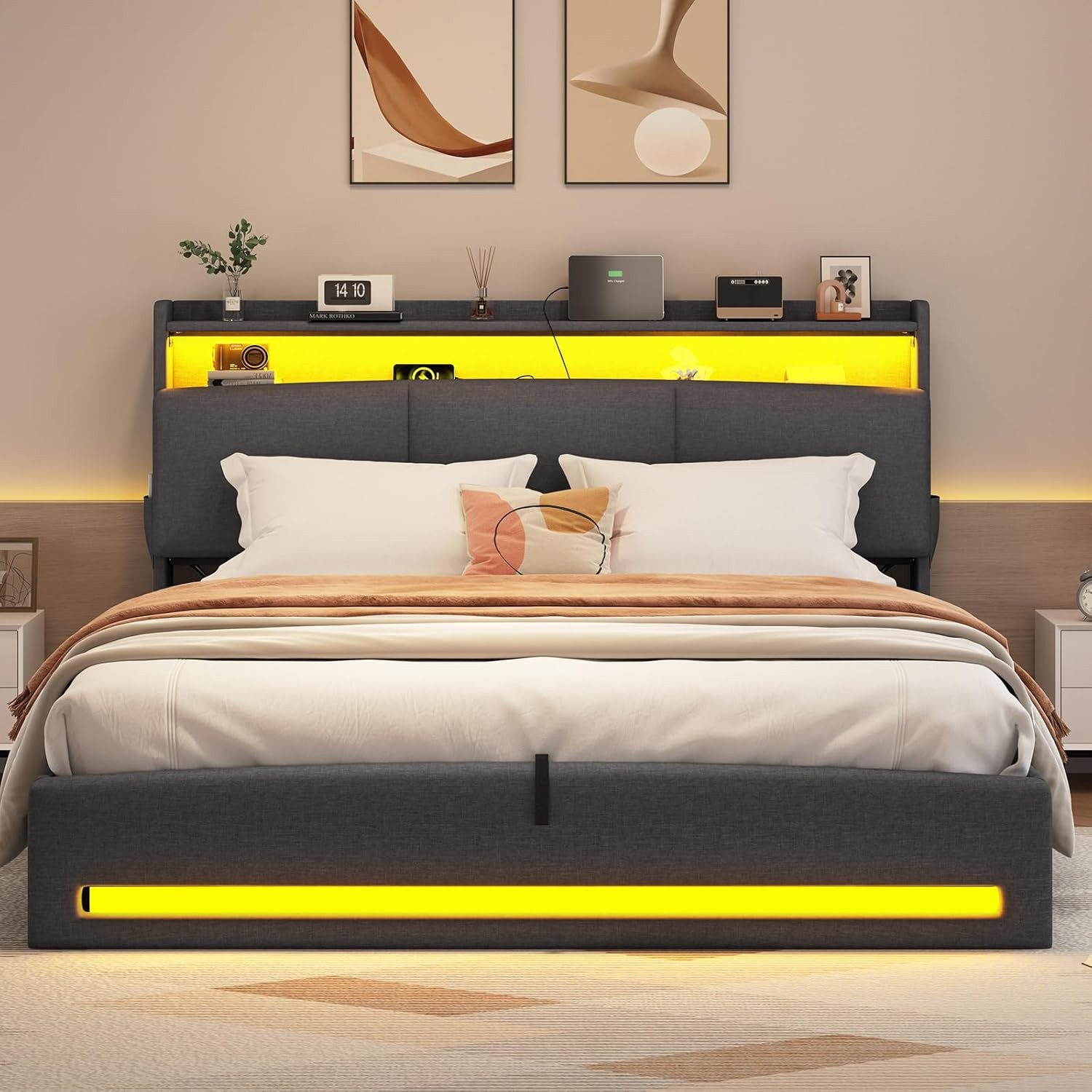 MSMASK Polsterbett mit Steckdosen und LED-Beleuchtung, Doppelbett mit Stauraum Kopfteil (1-tlg., Ohne Matratze), Hydraulik-Stauraumbett, Jugendbett 140x200cm – Bild 4 von 5