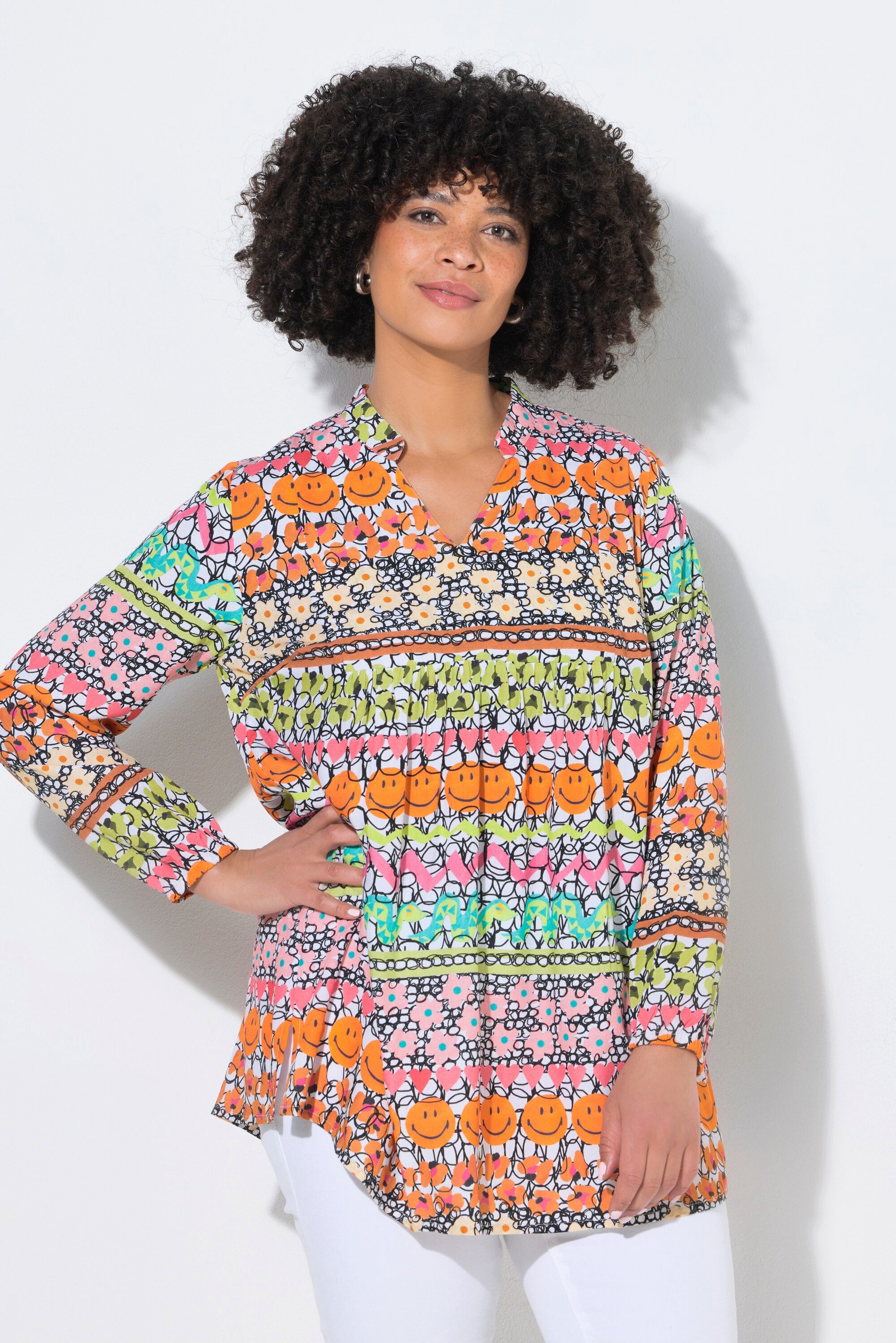 Angel of Style Longbluse Bluse A-Linie Smiley/Blumen-Muster Langarm