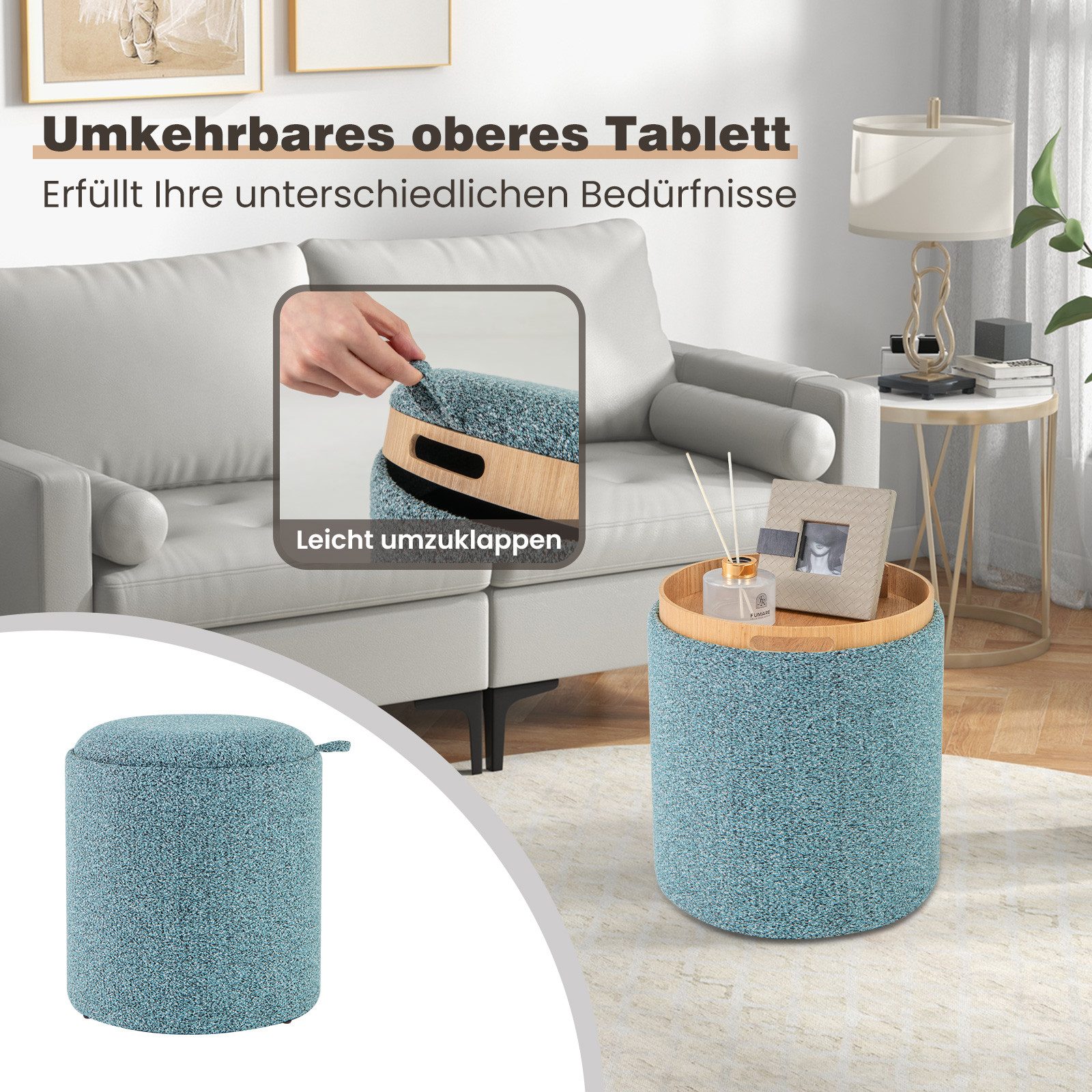 COSTWAY Sitzhocker, 2er Set, runder Fußhocker mit Stauraum, wendbarem Deckel