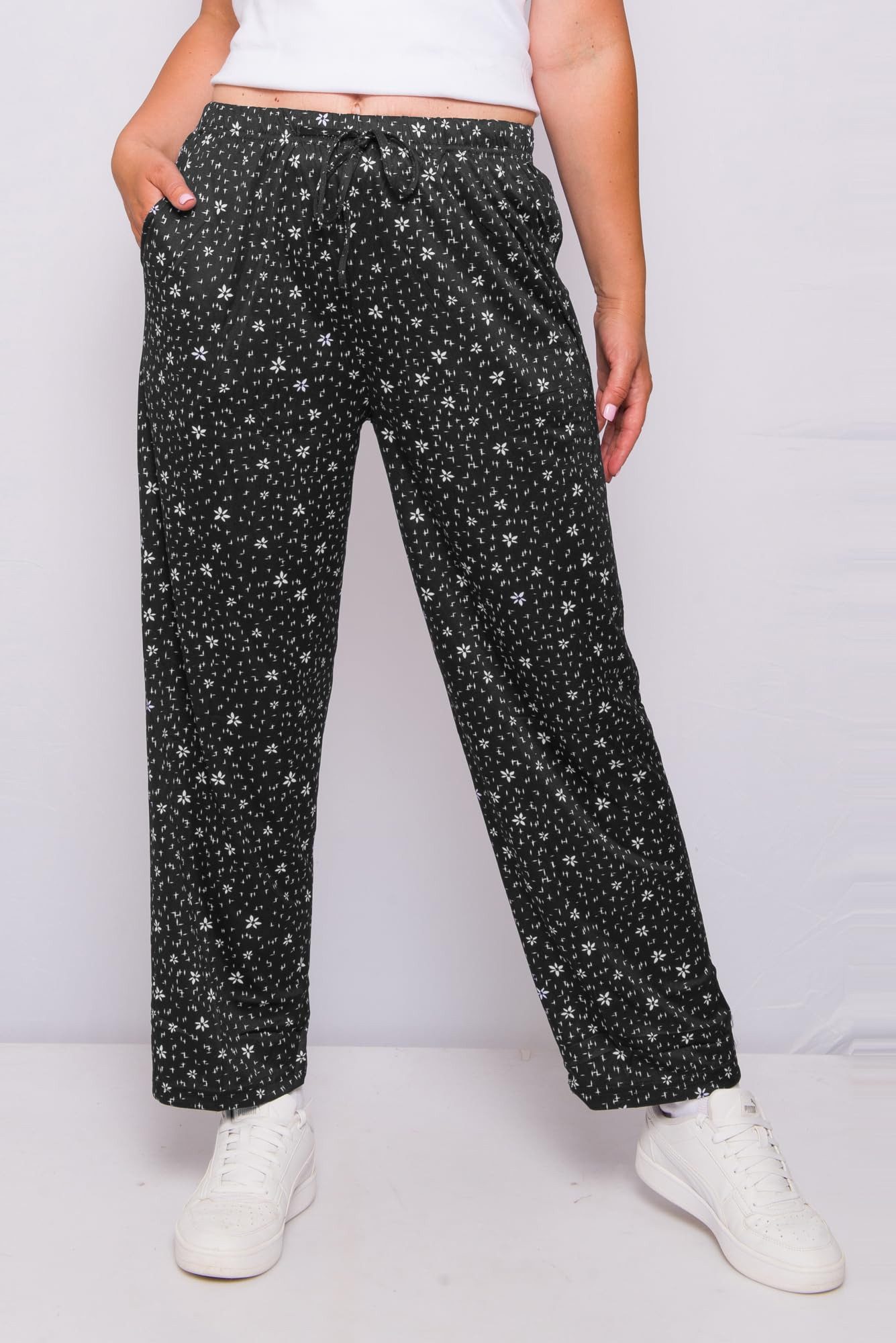 Kendindza Collection Strandhose Damen Sommerhose leicht lang Gemustert elastischer Bund Kordelzug Gummizug