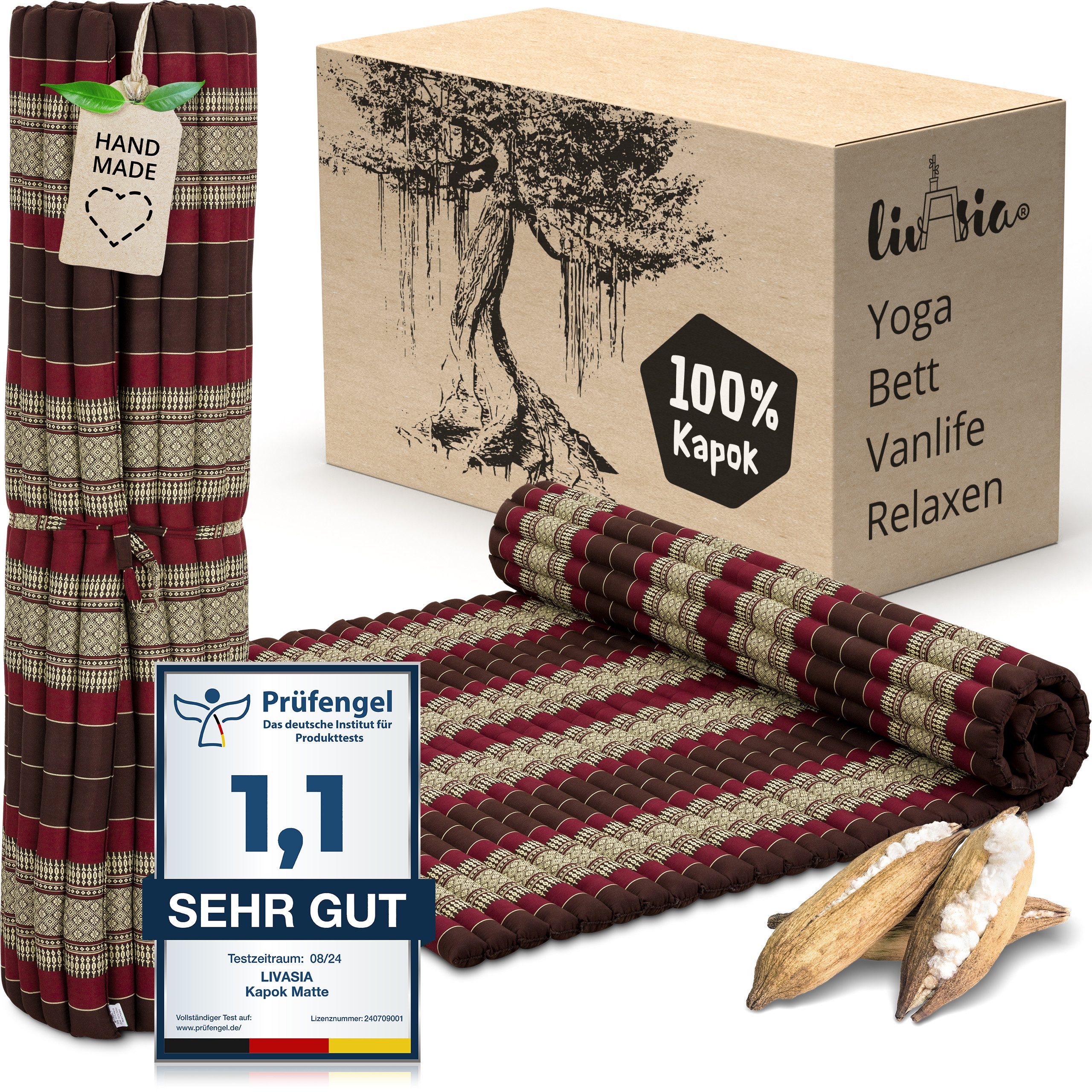 Reisebett-Matratzen Rollmatte 145 cm breit, vegan und handgefertigt, 205x145x4,5cm, livasia, 4.5 cm hoch, Kapok