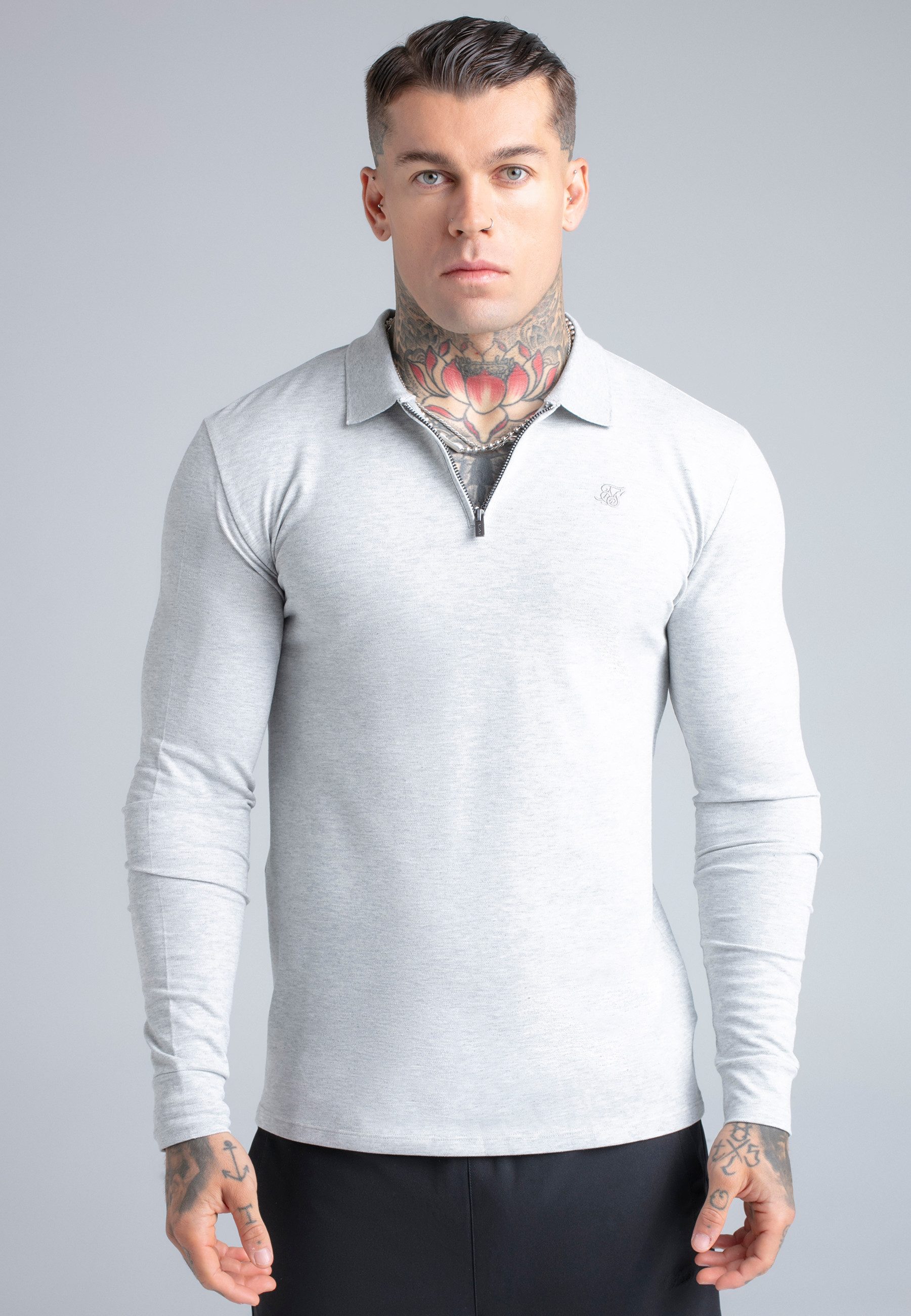 T-Shirt SikSilk Herren Grau Meliert Langarm Zip-Polo T-Shirt