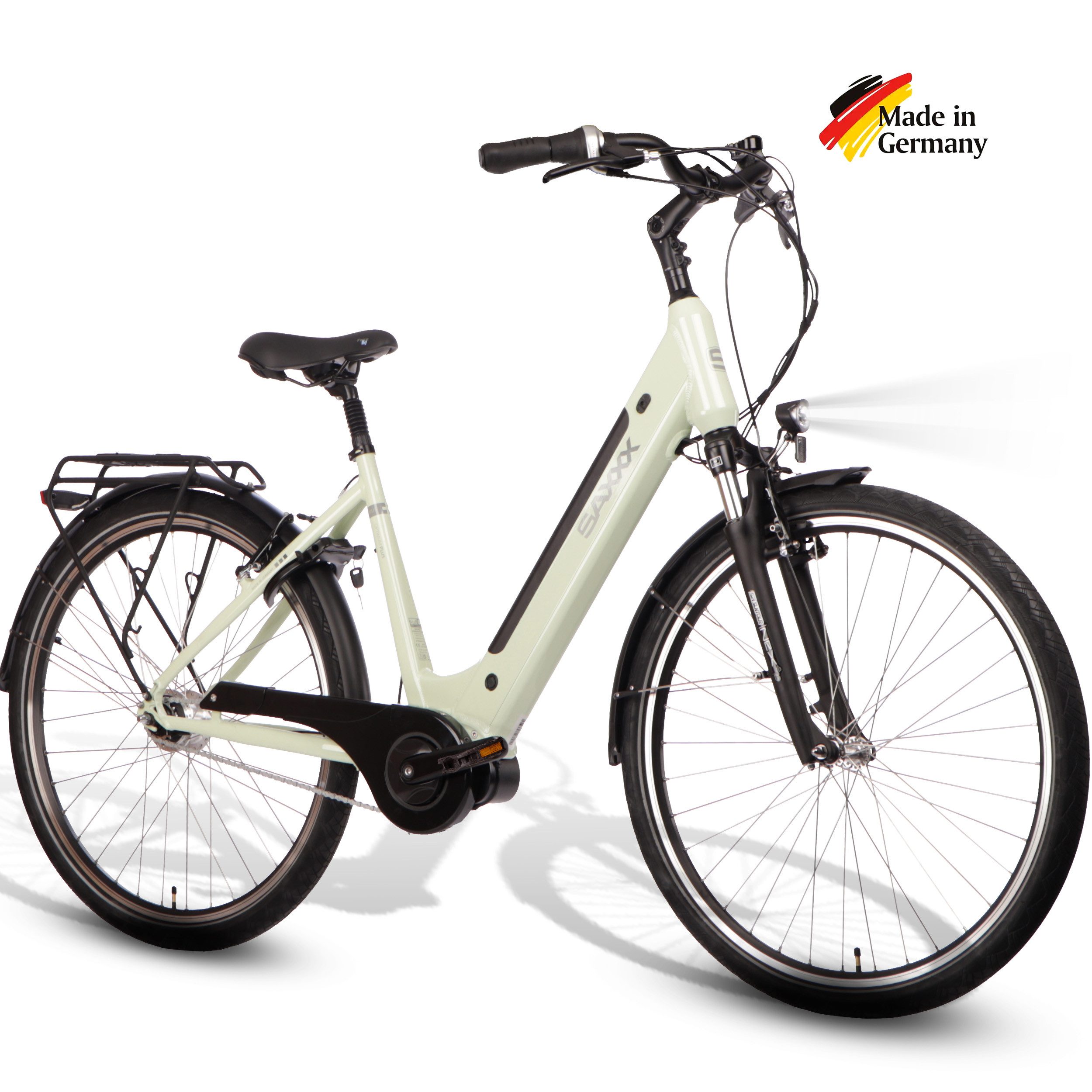 SAXXX E-Bike Cityrad Damen und Herren 28x2 Zoll, 36V 418Wh, 60-100km, V-Bremse, 7 Gang Shimano Nexus Schaltwerk, Nabenschaltung, Mittelmotor, 418 Wh, (mit Akku-Schlüssel, mit Rahmenschloss), abnehmbarer Akuu, Federgabel, Pedelec E-Citybike mit Gepäckträger