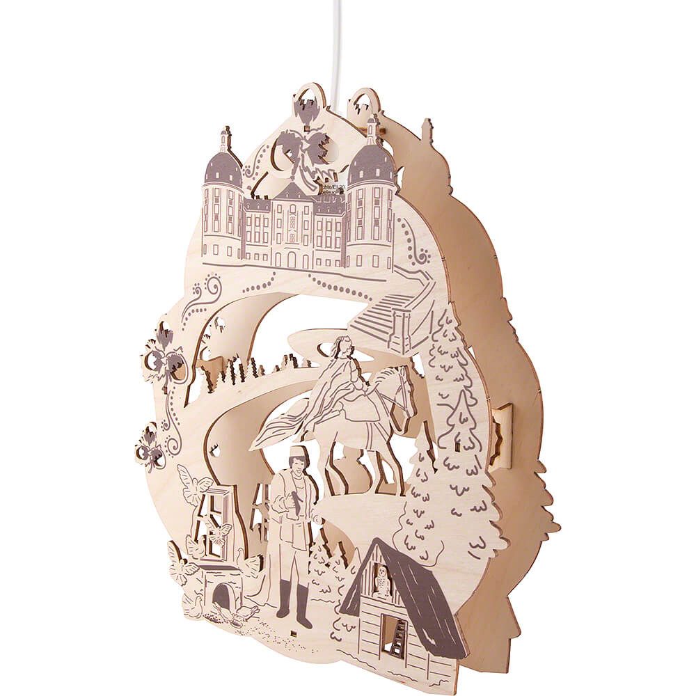 Erzgebirge-Palast Schwibbogen Fensterbild "Drei Haselnüsse für Aschenbrödel" (30,5cm) von Saico Seif