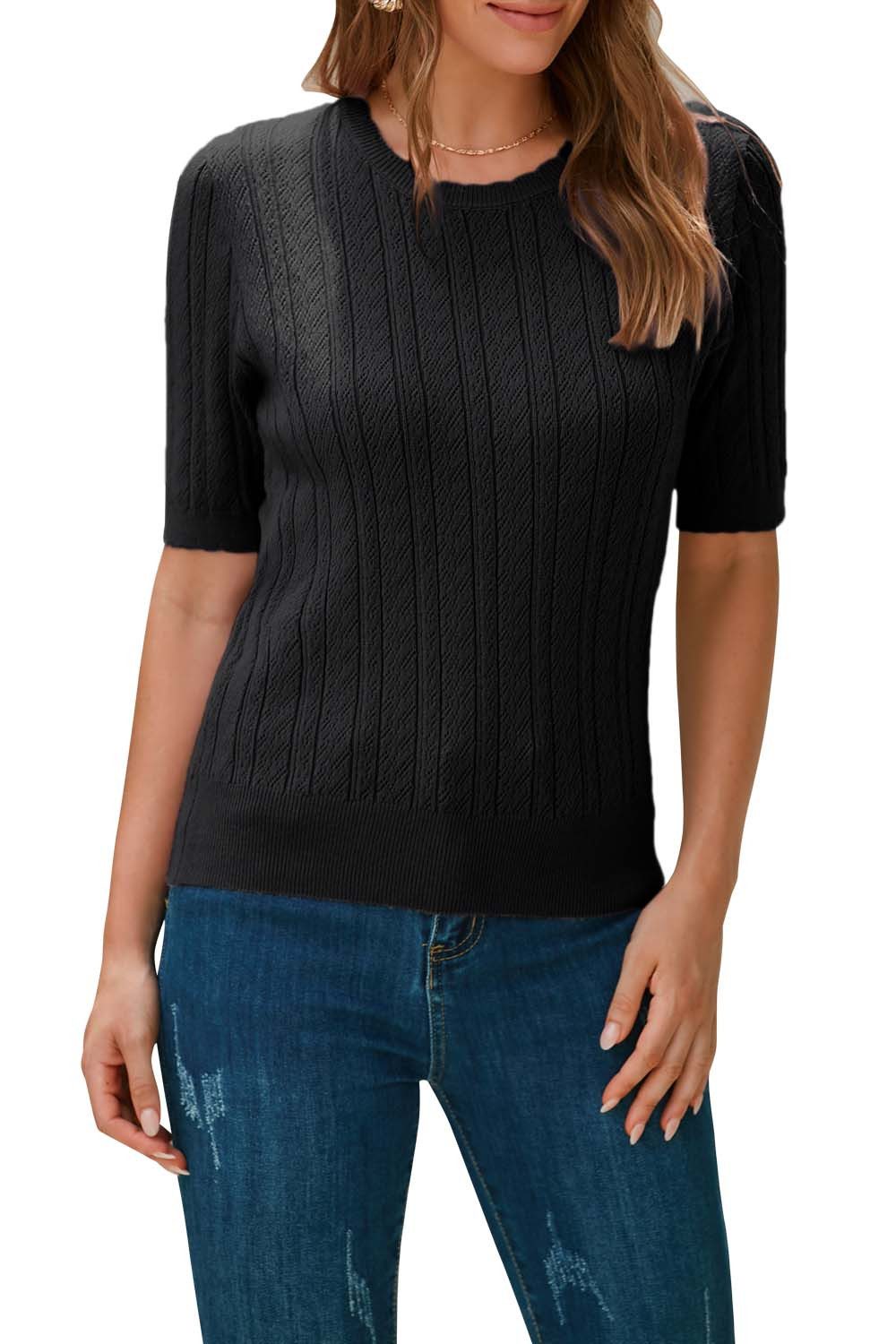 Arach&Cloz Kurzarmpullover Damen Tops Rundhalspullover T-Shirt Strickpullover Streifenpullover Muschelkanten aus Spitze strukturierte Hemden