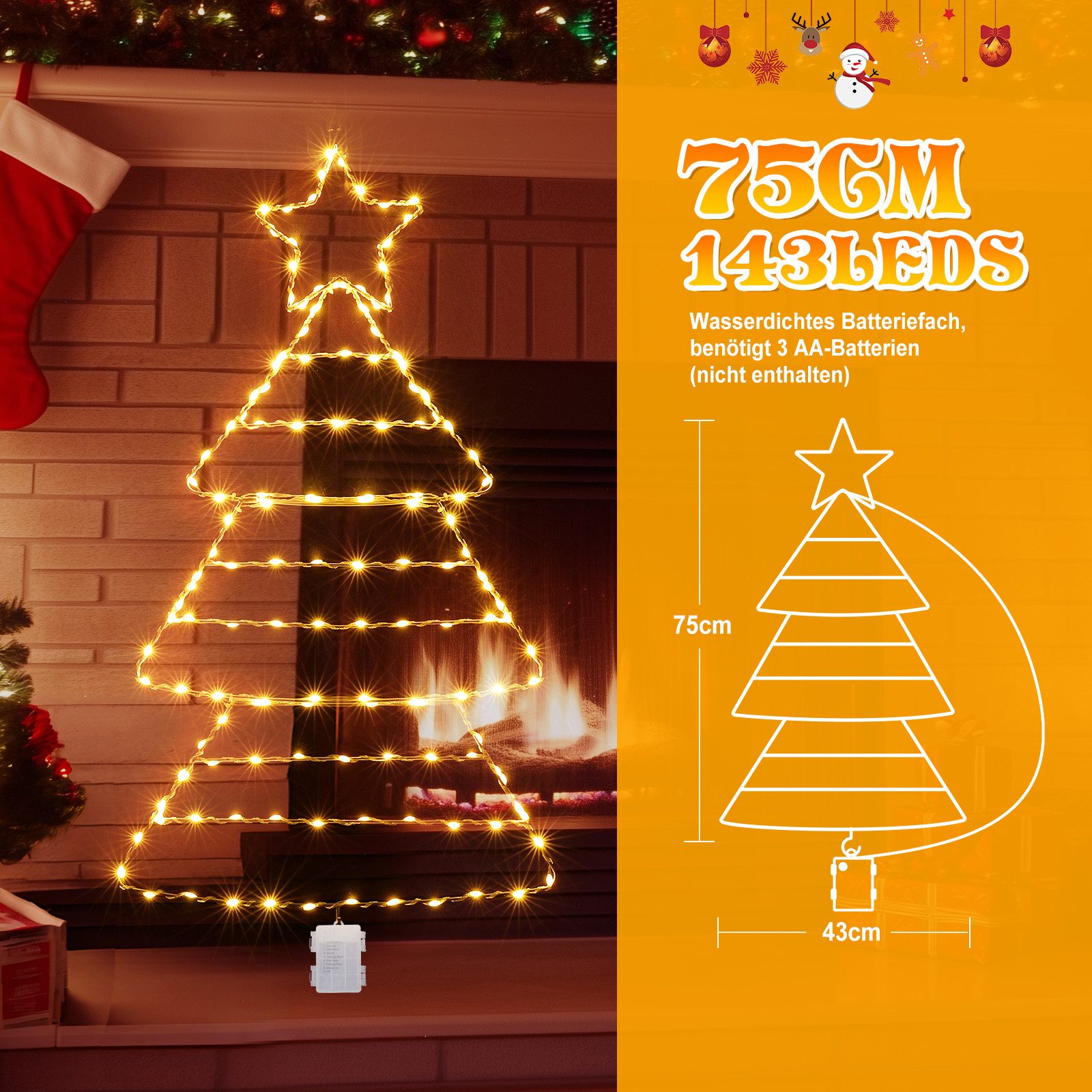 Quntis LED-Lichterkette LED Dekolicht Weihnachtsbaum Weihnachtsdeko 75 x 43CM mit 143/110 LEDs, Weihnachtsbeleuchtung Fenster für Innen/Außen, Timer Speicherfunktion