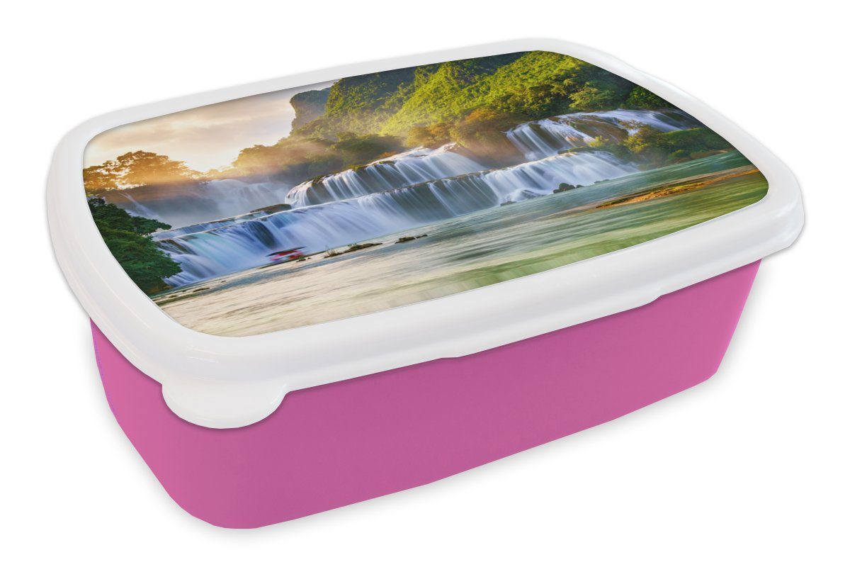 MuchoWow Lunchbox Wasserfall - Pflanzen - Sonne - Wasser - Natur, Kunststoff, (2-tlg), Brotbox für Erwachsene, Brotdose Kinder, Snackbox, Mädchen, Kunststoff rosa