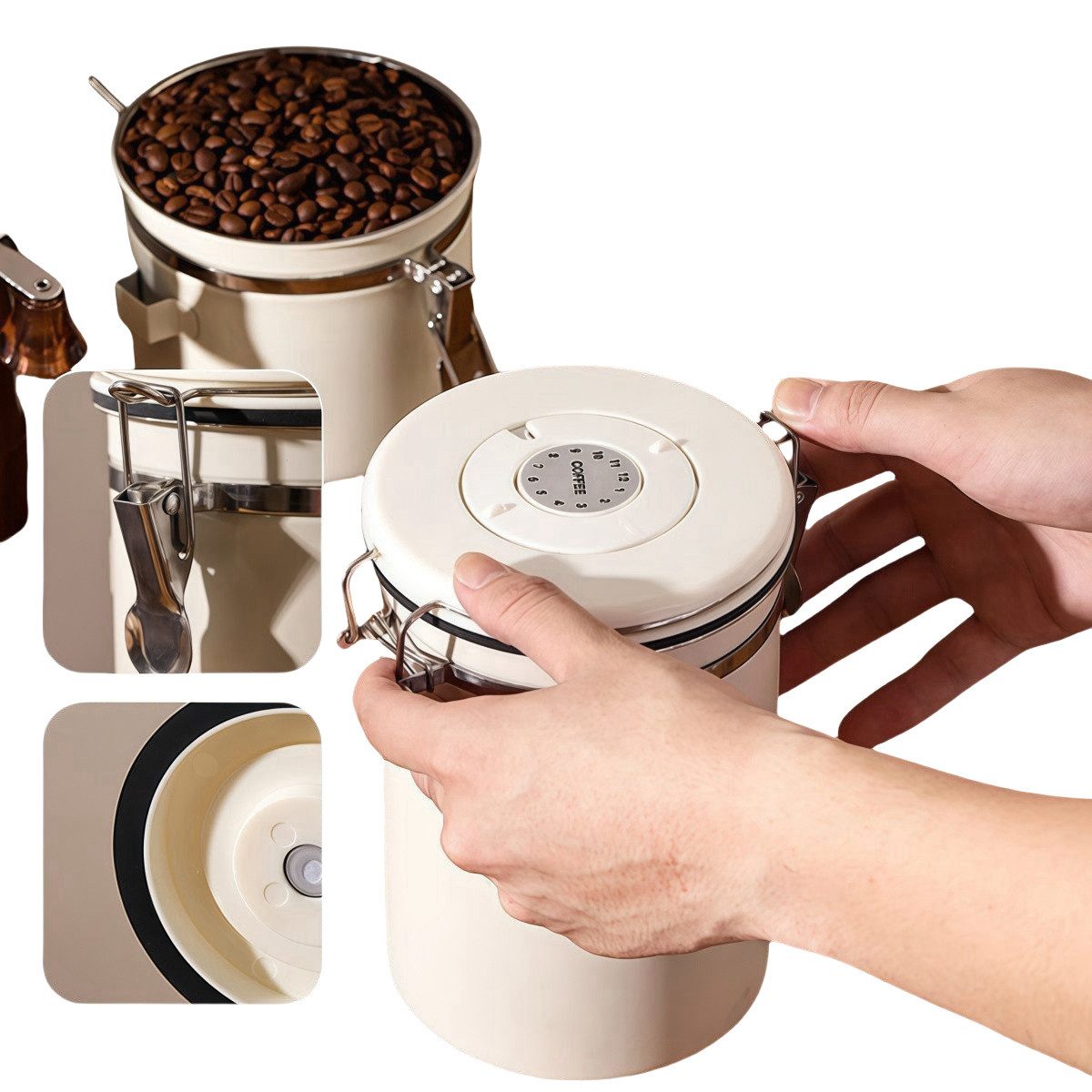 Vorratsdose Kaffeedose Luftdicht aus Edelstahl, 1800 ml mit CO2-Auslassventil