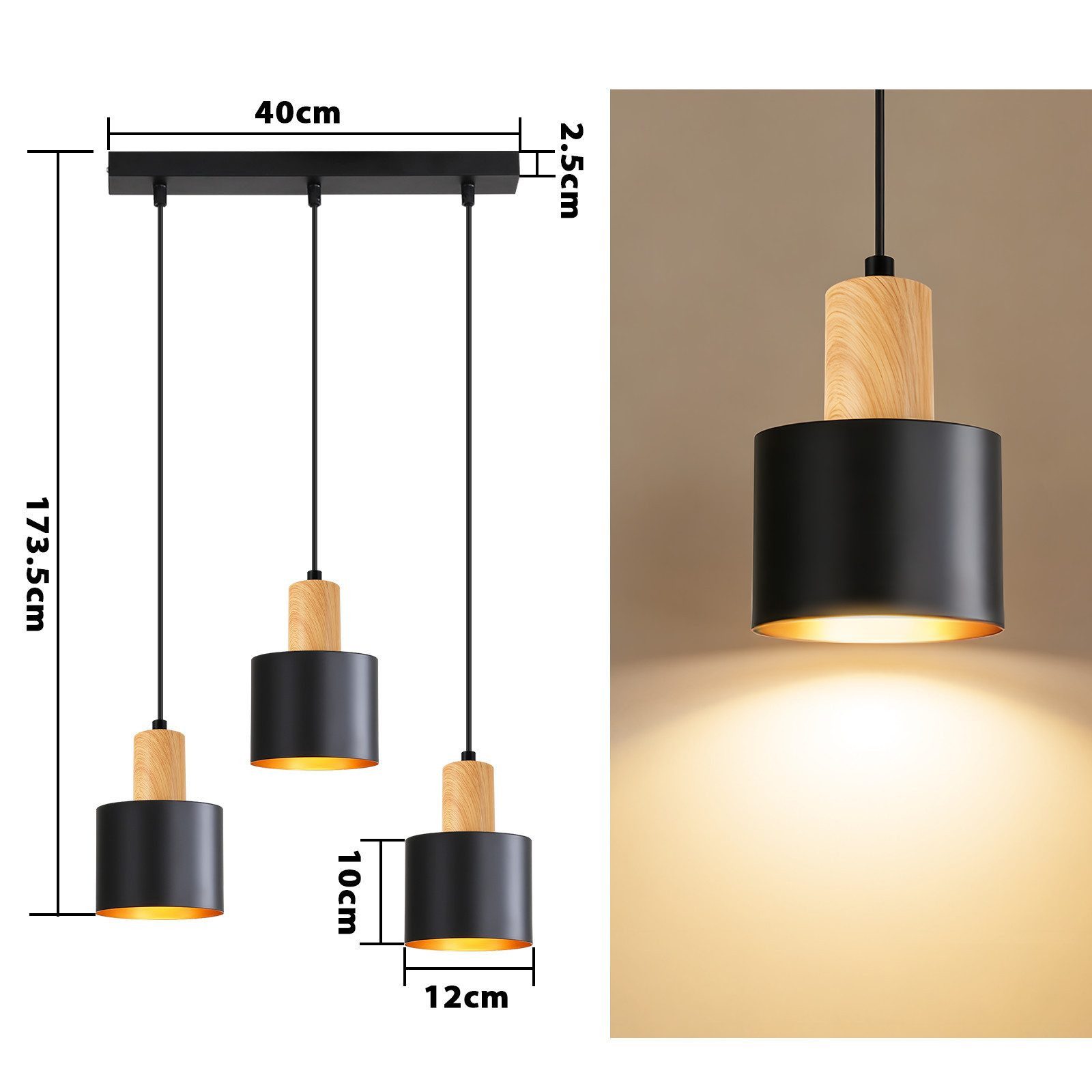 Nettlife Hängeleuchte Schwarz Vintage 1/2/3 Flammig Esstisch E27 Pendelleuchte, Höhenverstellbar, LED wechselbar, Metall Pendelleuchte Essbereich Hängelampe