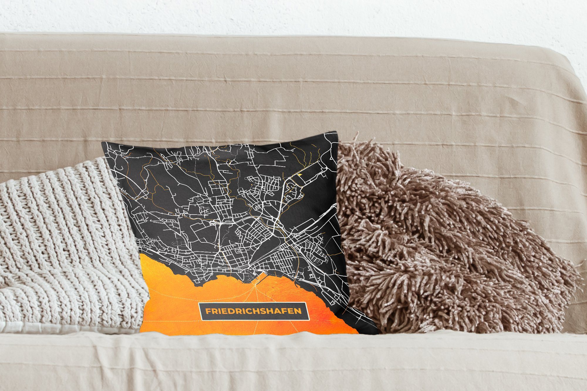 Schlafzimmer, - Friedrichshafen, Gold - Füllung Stadtplan mit Zierkissen Deutschland MuchoWow Karte - für - Sofakissen Wohzimmer, Dekokissen Deko,