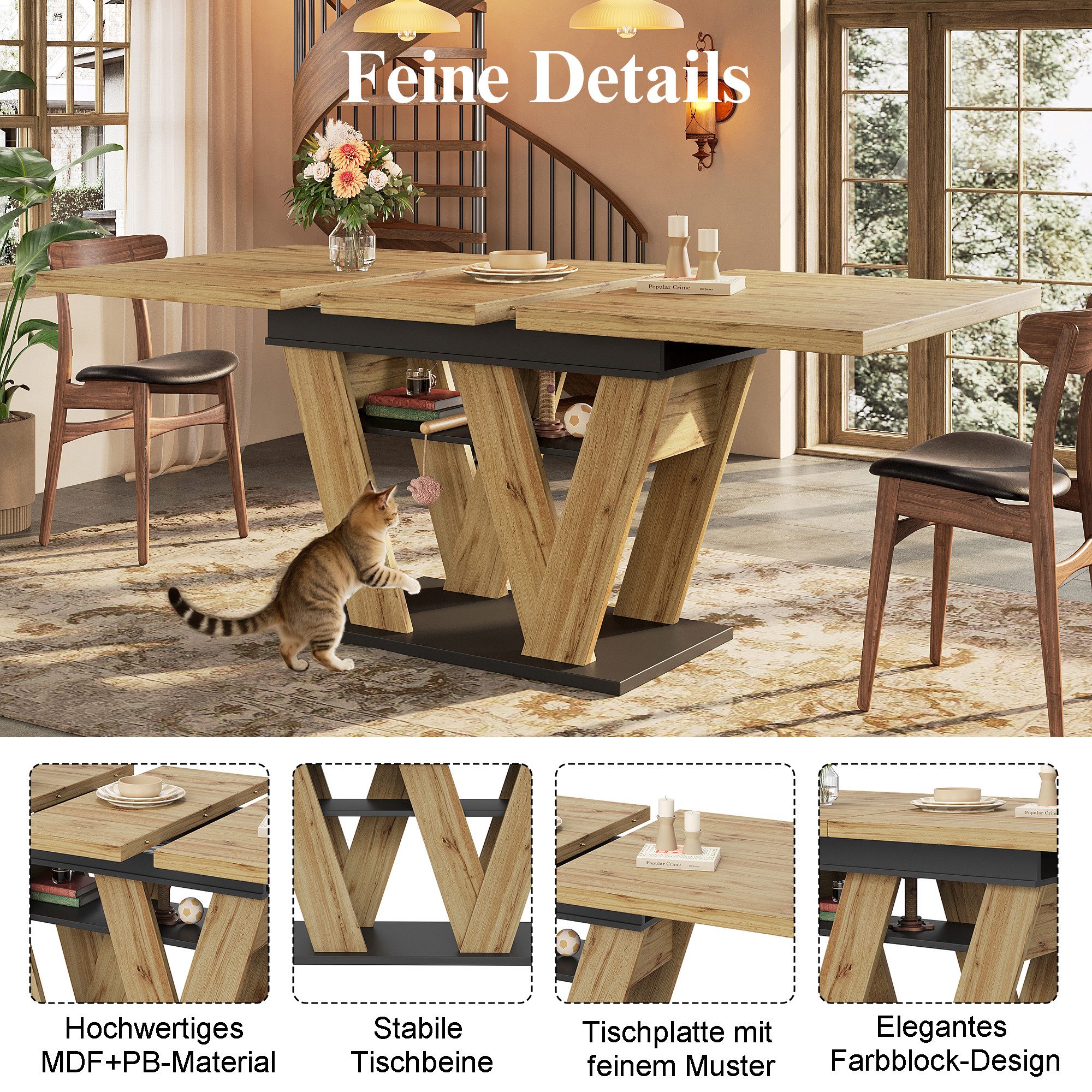i@home Esstisch Teleskoptisch 119-158,5×80cm (Ausziehtisch mit W-förmigen Beinen und integriertem Stauraum), ideal für Küche, Wohnzimmer & Haustiere – Bild 3 von 5
