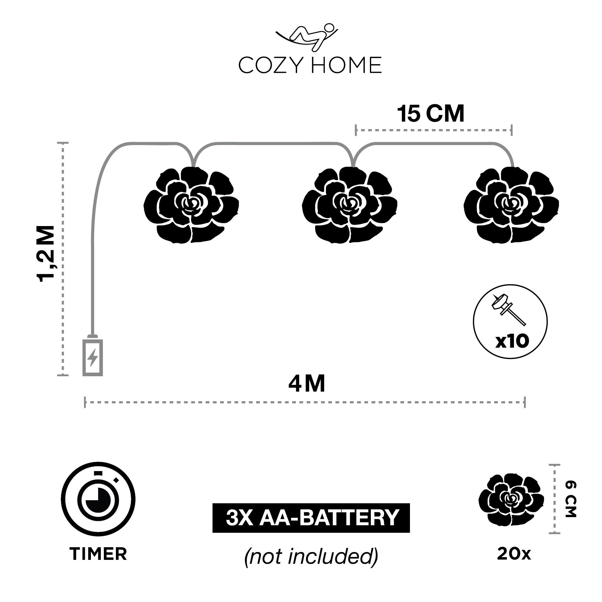 COZY HOME LED-Lichterkette Rosen Lichterkette Batterie & Stecker -, 5 Meter & 20 Blumen LED Warmweiß I Batterie&Stecker I Innenanwendung – Bild 4 von 5
