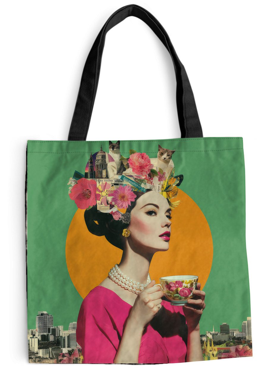 MuchoWow Shopper Retro - Frau - Stadt - Sonne, Handtasche, Damen und Herren, Schultertasche, Umhängetasche, Tote Bag