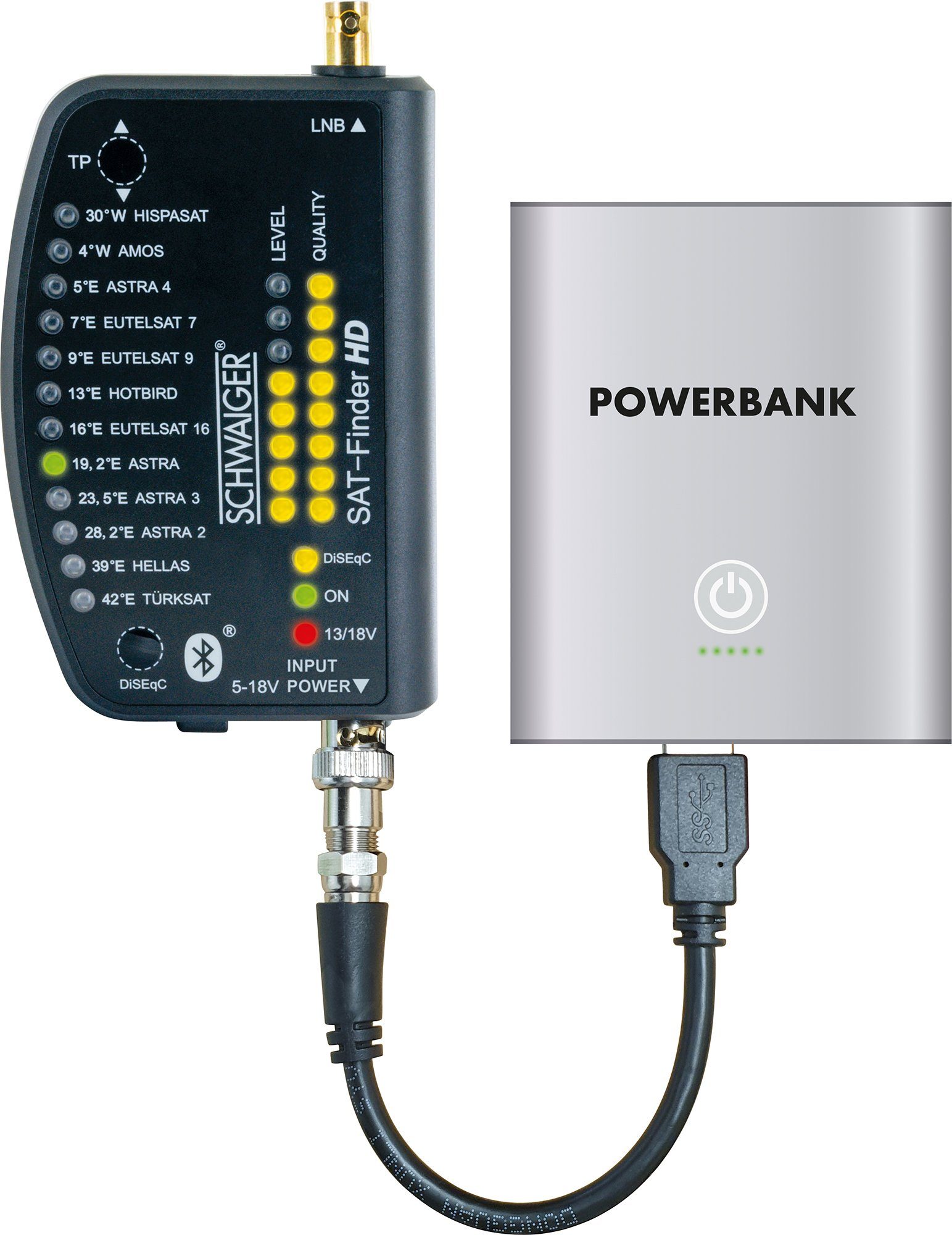 App detaillierte Stromversorgung über Receiver Schwaiger Powerbank), über (IP54, Signalstärke oder SF9003BTAKKU Anzeige der Satfinder angeschlossenen