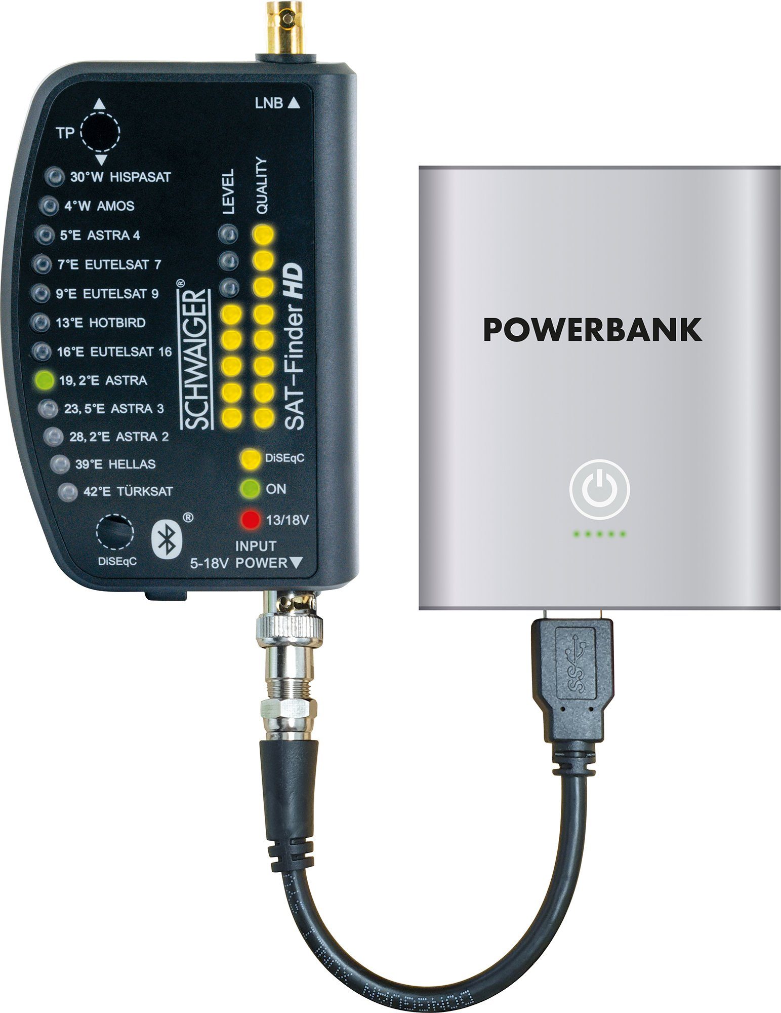 Schwaiger Satfinder SF9003BTAKKU (IP54, Stromversorgung über angeschlossenen Receiver oder Powerbank), detaillierte Anzeige der Signalstärke über App