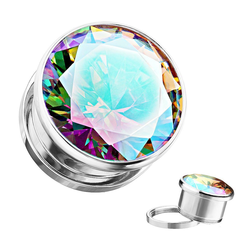 mit Taffstyle Plug Ohr Tunnel Rainbow Stein Plug Flesh Schraubverschluß Piercing Zirkonia Silber großen eingefassten Ohrpiercing Kristall,