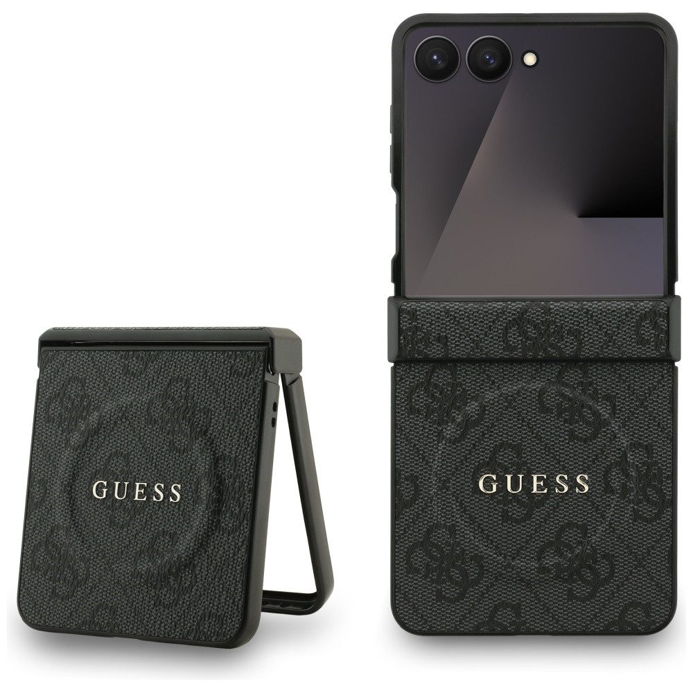 Guess Handyhülle Galaxy Z Flip7 MagSafe Muster Kunstleder grau Logo goldfarben 6,9 Zoll, Kantenschutz