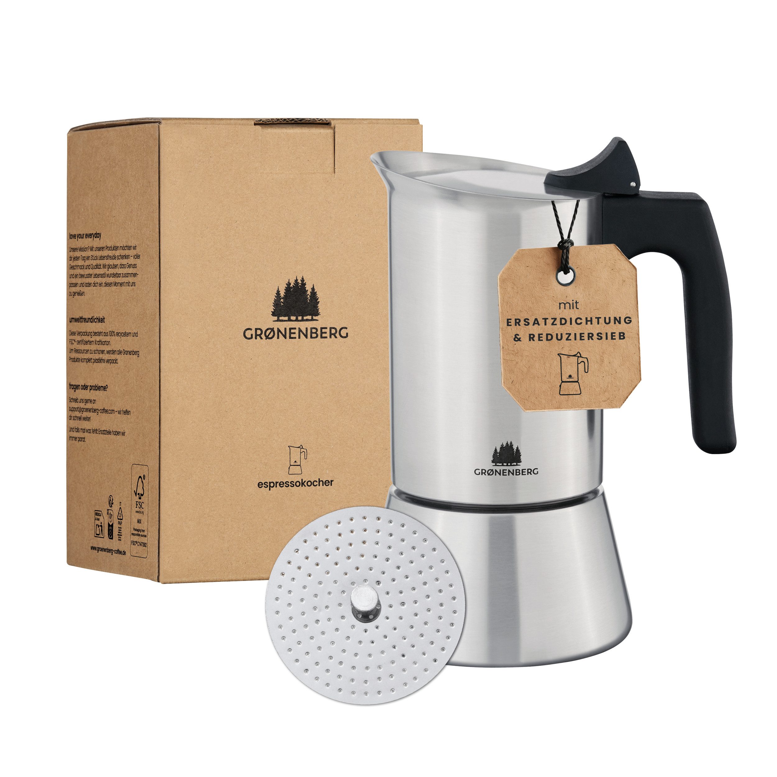 GRØNENBERG Espressokocher Induktion geeignet, Edelstahl, 4 o. 6 Tassen, 0,3l Kaffeekanne, Inkl. Reduziersieb & Ersatzdichtung, Espressokanne Aluminiumfrei & unbeschichtet