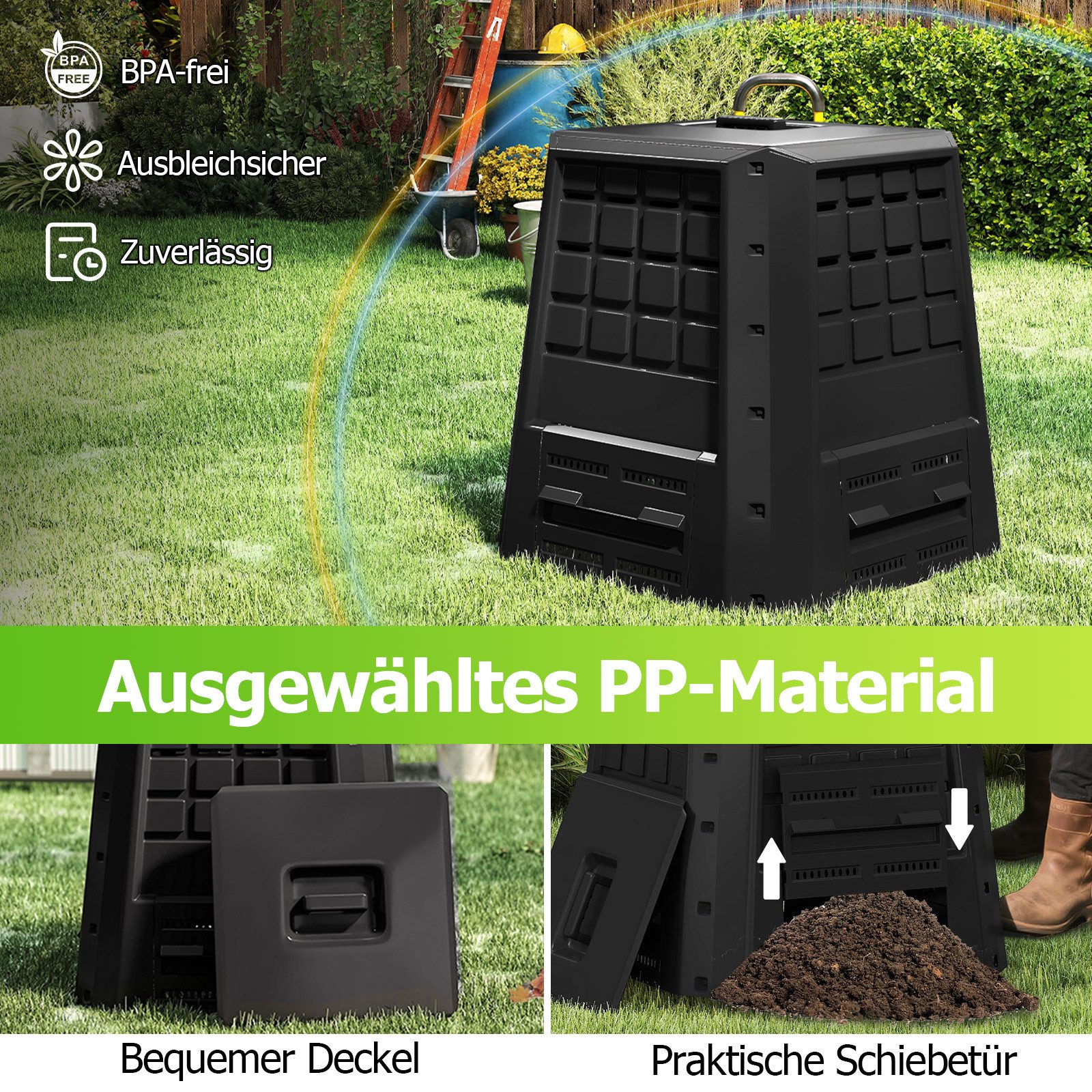 KOMFOTTEU Komposter, 380 l, Schnellkomposter mit Belüftung, Deckel & Tür