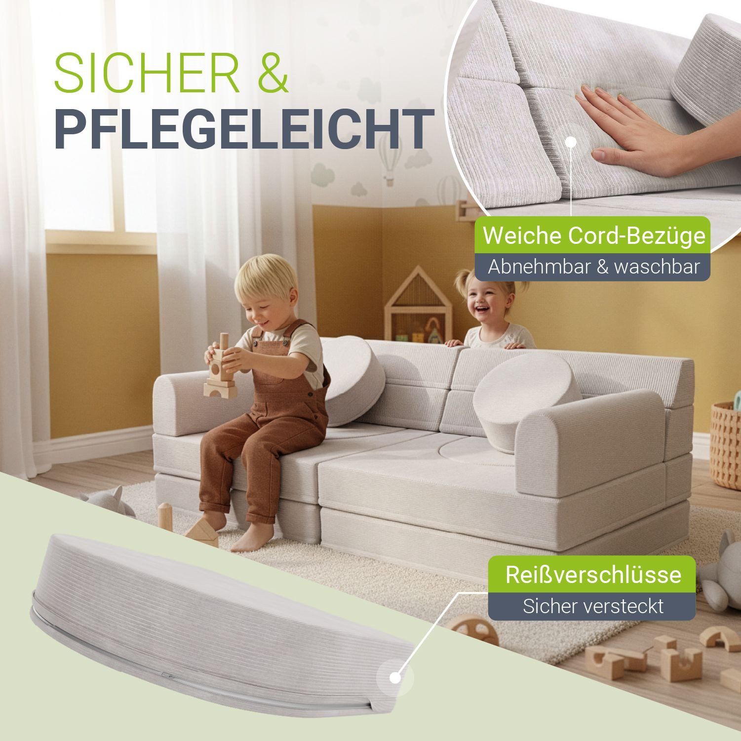 Juskys Kindersofa Kayo, 12 Teile, Modulares Spielsofa, Waschbare Cord-Bezüge, 12-teiliges Set mit Kissen