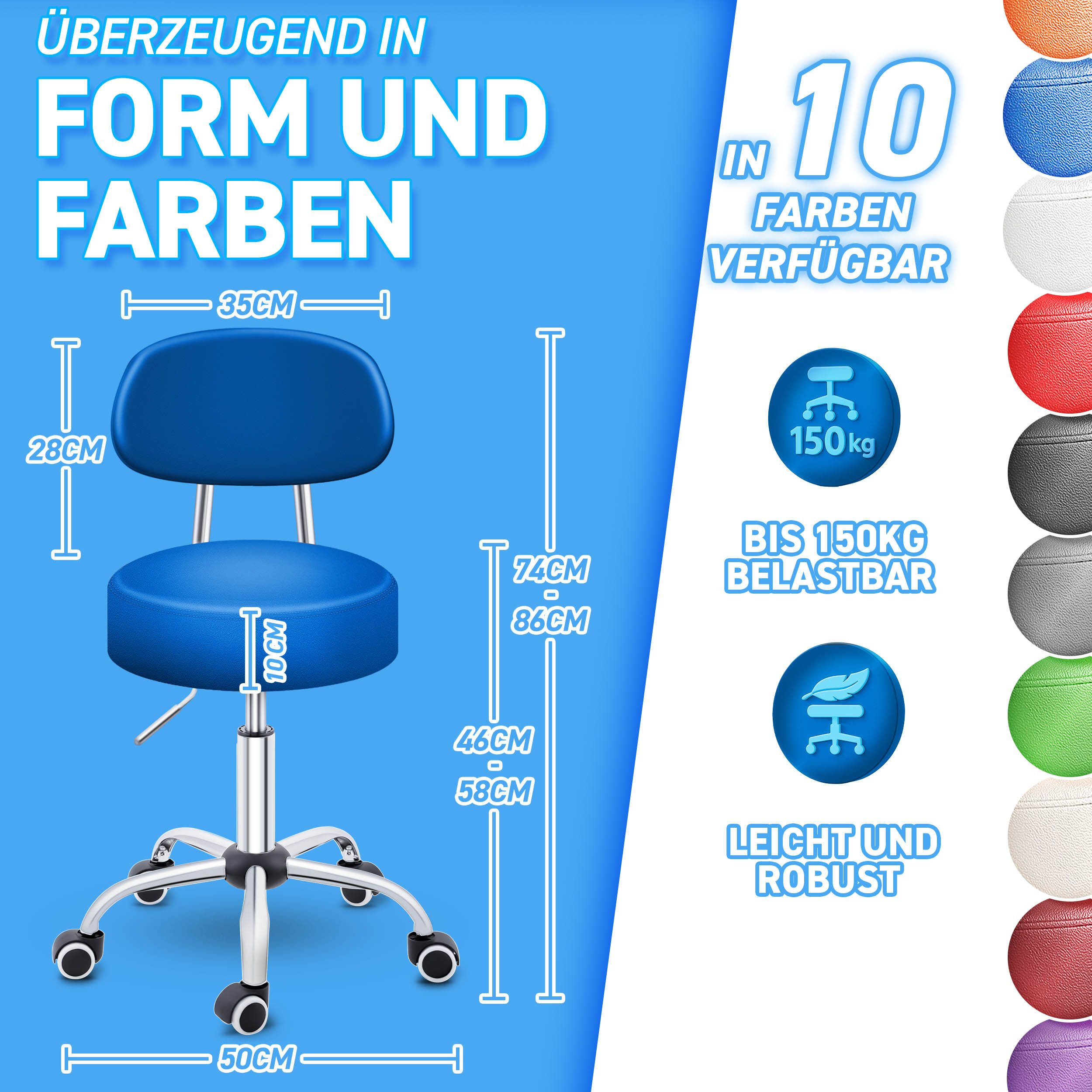 TRESKO Drehhocker Rollhocker mit Lehne, Arbeitshocker höhenverstellbar 46-58 cm, Bürostuhl mit Rollen Hocker Drehstuhl Kosmetikhocker