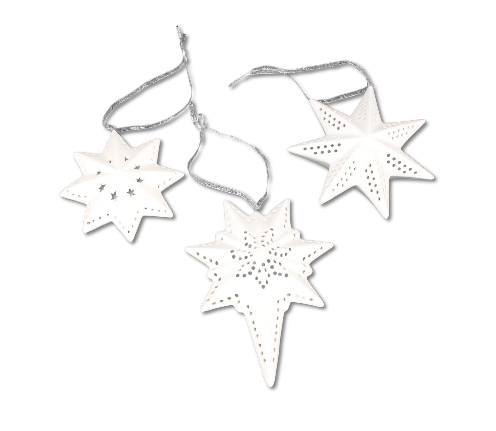 Dekoleidenschaft Christbaumschmuck LED Hänger "Stern" Porzellan, weiß, Hänger Weihnachten, Weihnachtsdeko (3-tlg), Weihnachtsbaumschmuck, Dekohänger, Tannenbaumschmuck, Hängedeko