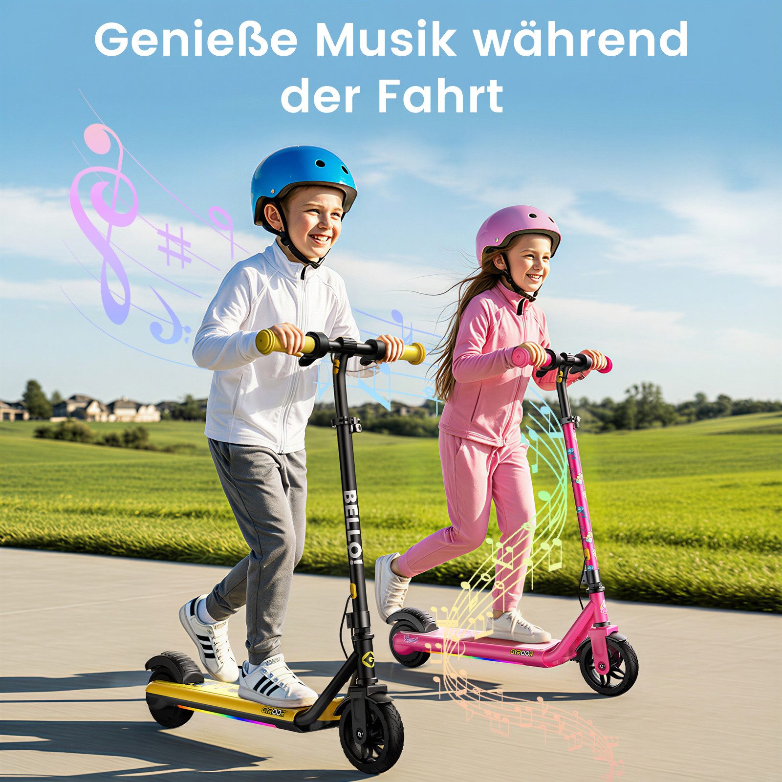 Gyroor E-Scooter Elektro-Kinderroller 6-12 Jahre, Musik E Scooter für Kinder, 16 km/h, (1 tlg), 10/13/16 km/h, LED Display, 3 Einstellbare Höhe, Doppelbremse