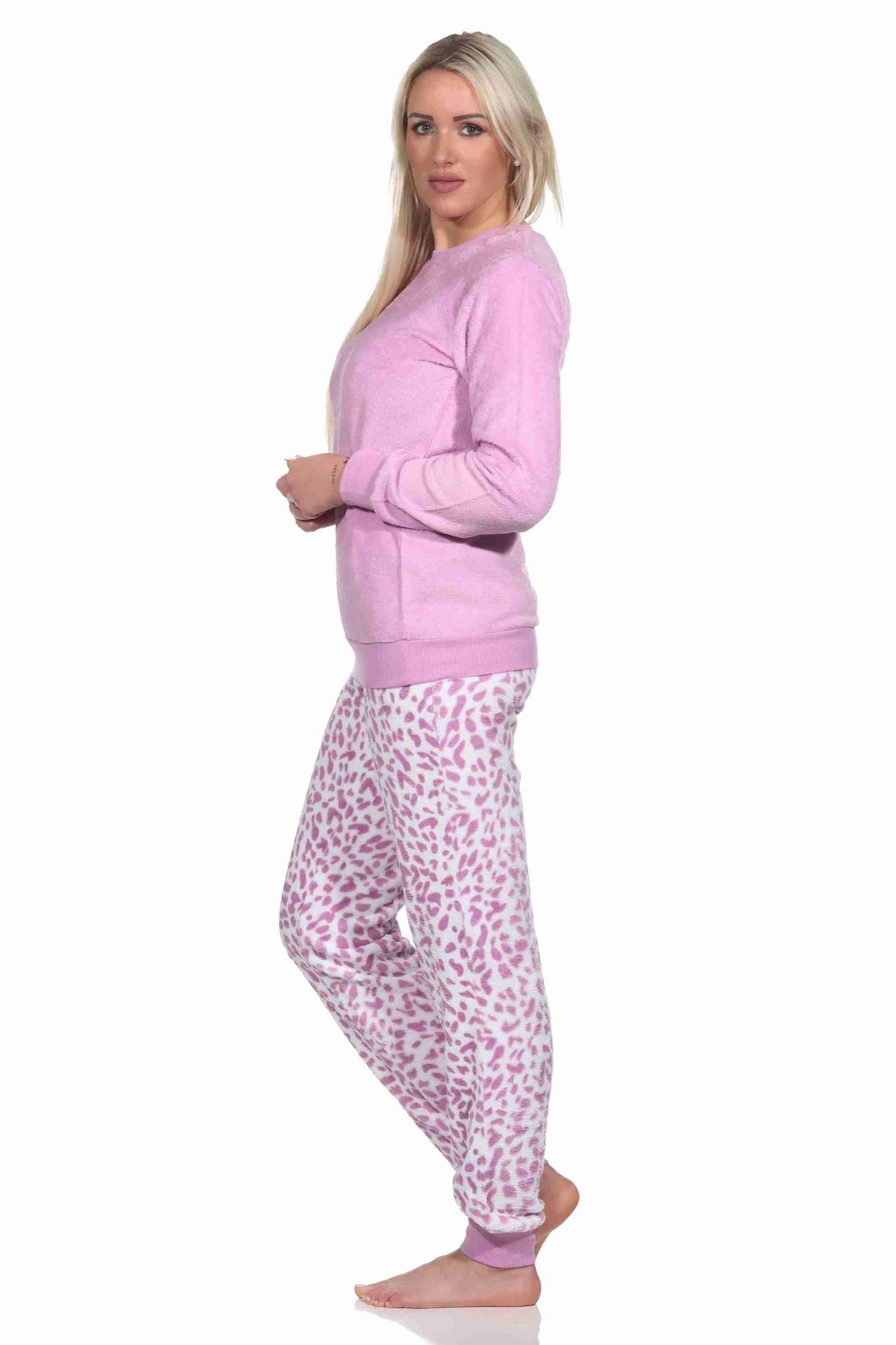 aus mit Look im Coralfleece Pyjama Bündchen langarm Animal Damen Schlafanzug Normann pink