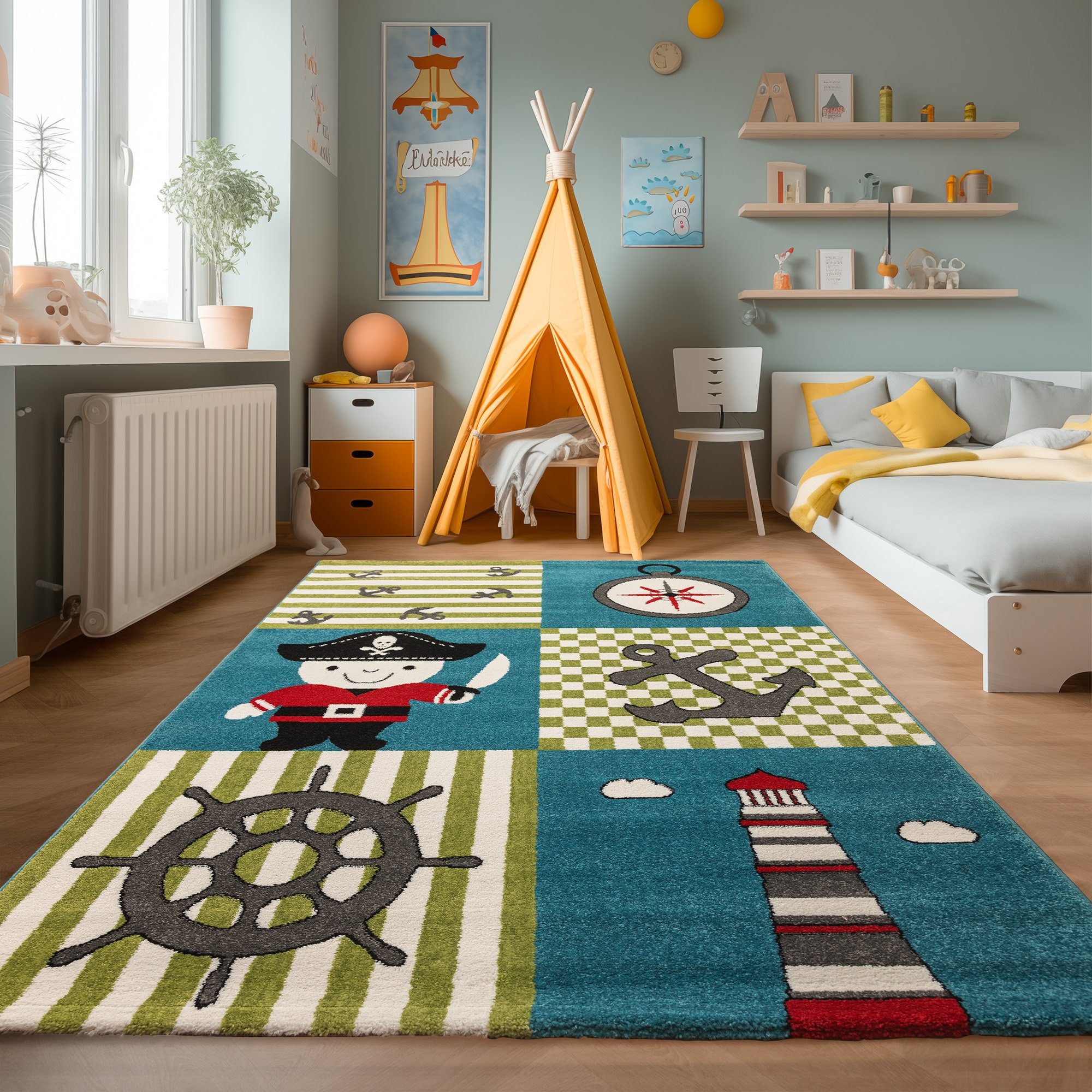 Teppich Piraten-Design, SIMPEX24, Läufer, Höhe: 11 mm, Kinderteppich Pirat-Design Bunt Baby Teppich Kinderzimmer Pflegeleicht