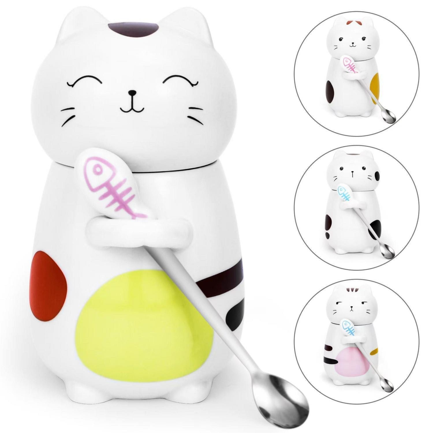 LuxusKollektion Tasse Katzen Tasse mit Deckel & Löffel 400ml, Keramik