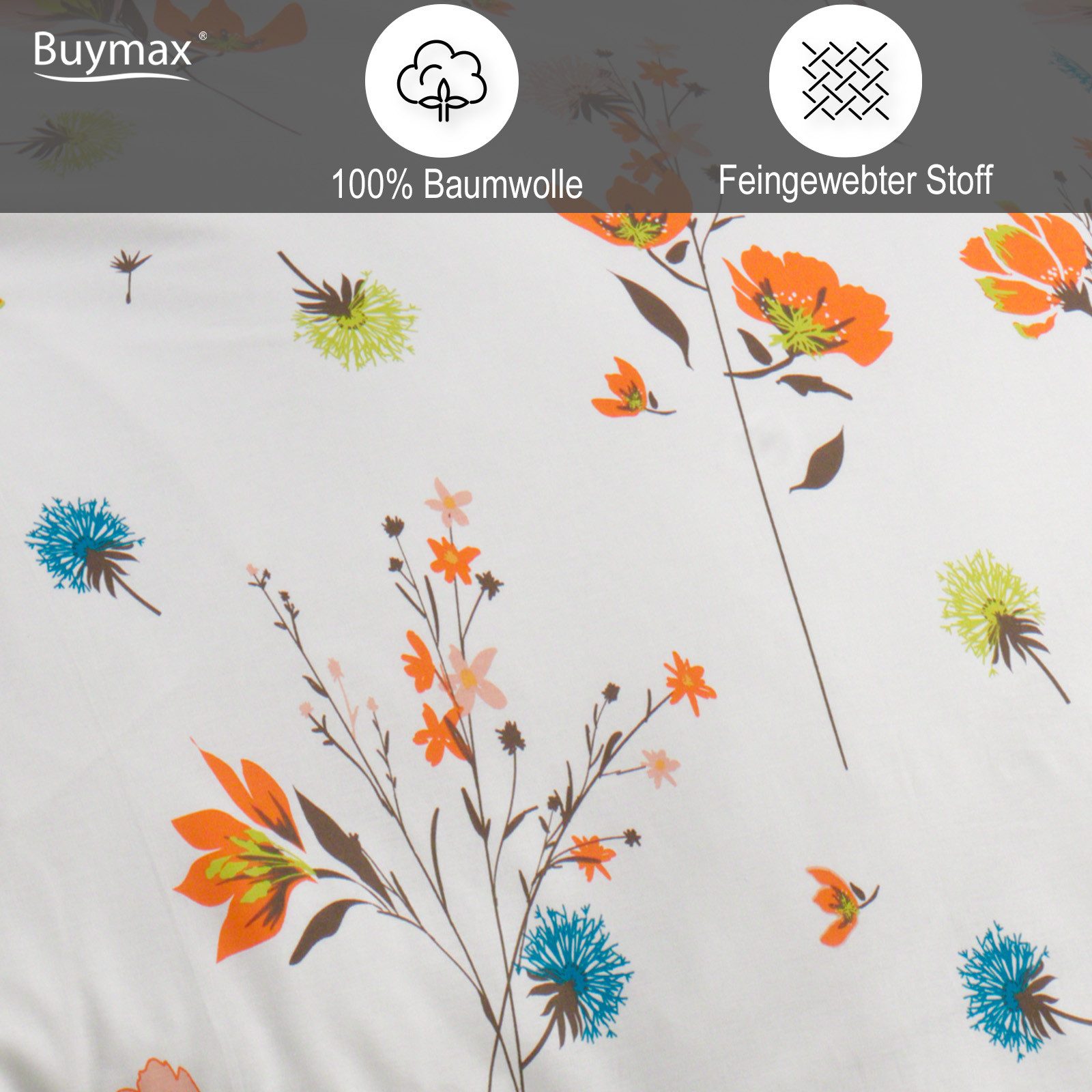 Buymax Bettwäsche Adalia, Aria, Renforcé, 3 teilig, Bettbezug-Set 200x220 cm 100% Baumwolle Reißverschluss Blumen Weiß