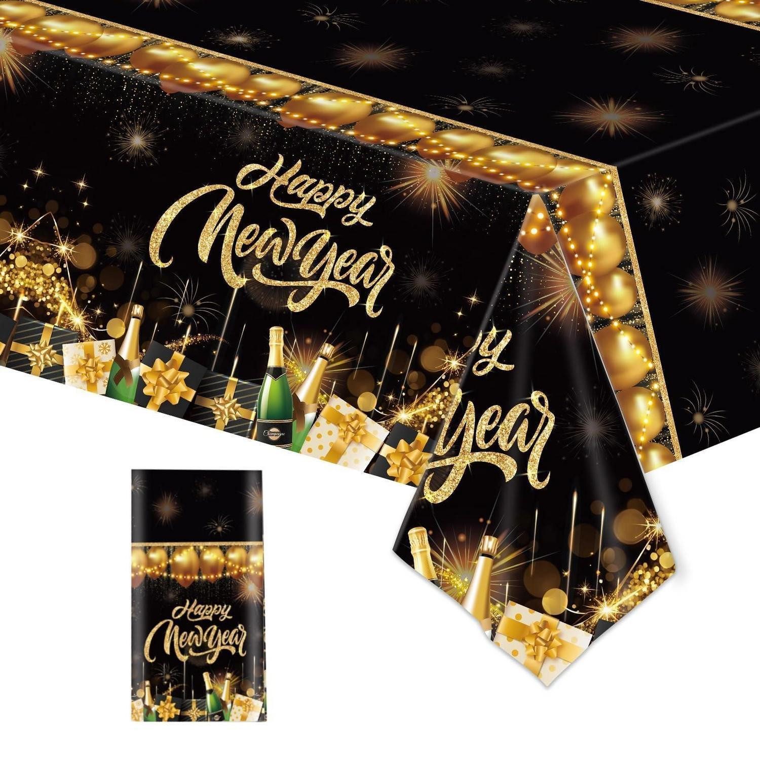 LuxusKollektion Tischdecke Tischdecke Silvester Happy New Year 137x274cm schwarz gold (1-tlg)