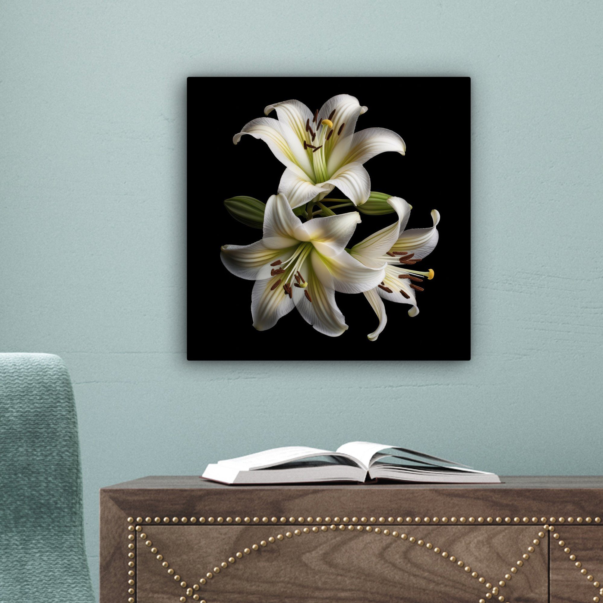 Schlafzimmer, 20x20 Weiß - Bilder Leinwand Leinwandbild OneMillionCanvasses® Blumen St), Natur - - für (1 - cm Botanisch, Lilie Wohnzimmer