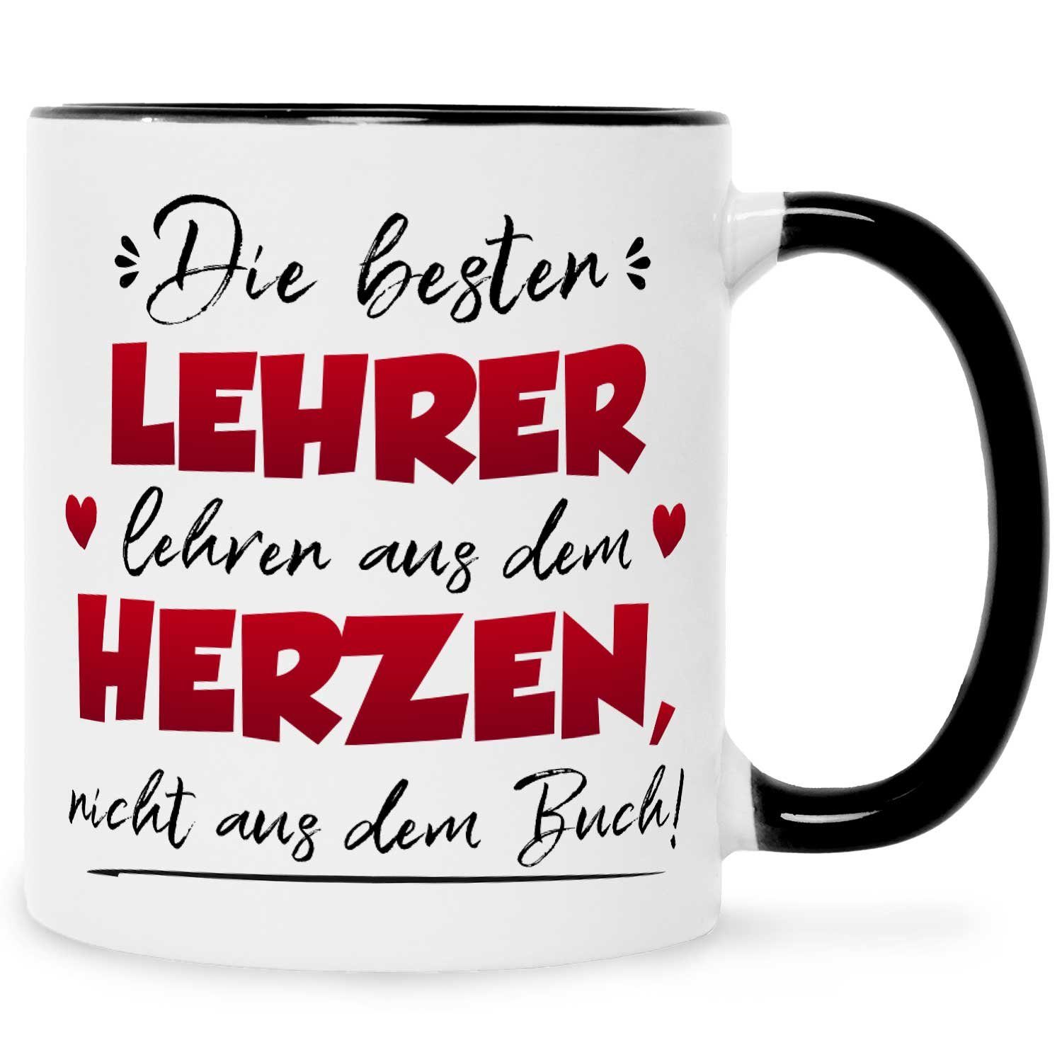 GRAVURZEILE Tasse mit Spruch Die besten Lehrer lehren aus dem Herzen, Farbe: Schwarz & Weiß