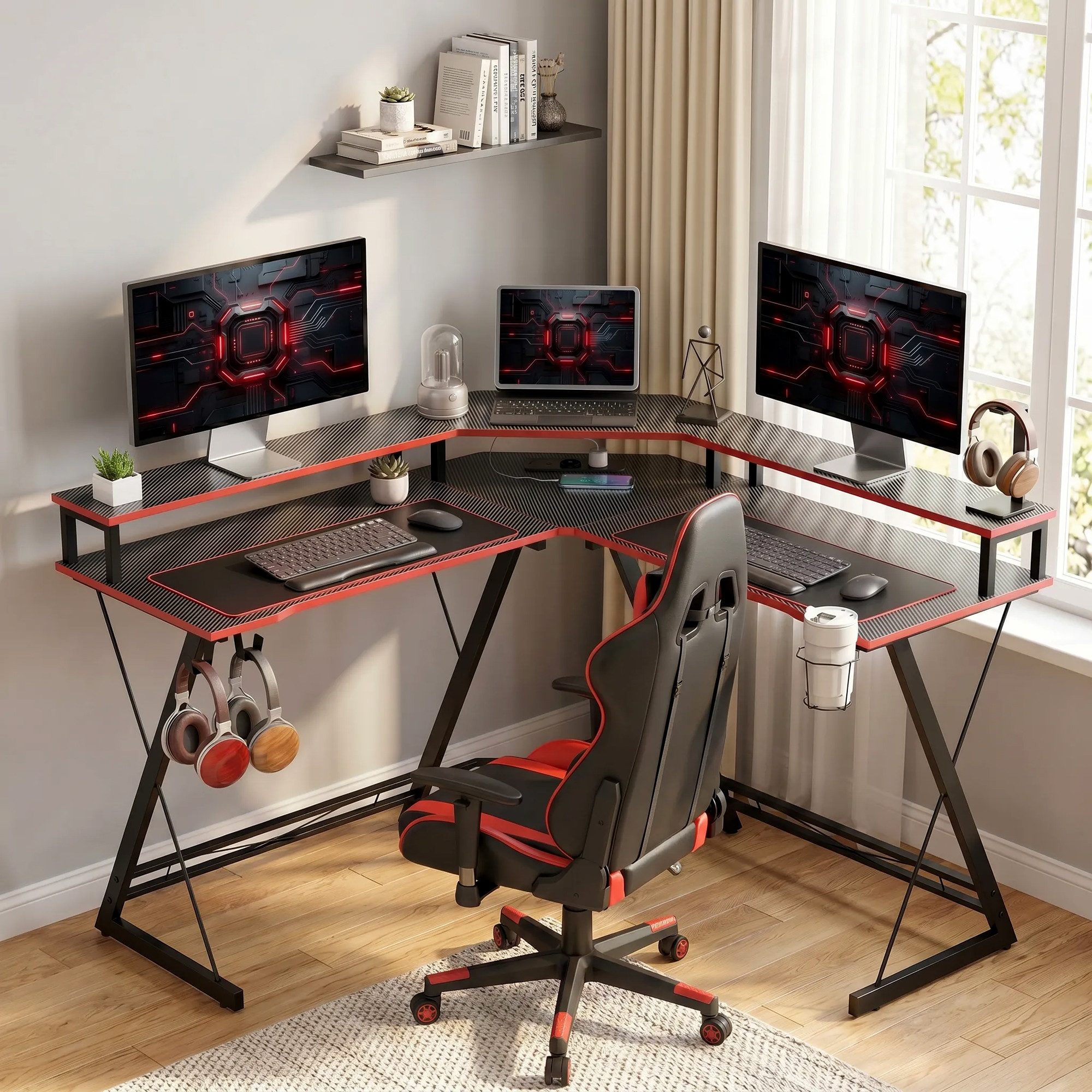 MODFU Schreibtisch Gaming Eckschreibtisch 128 cm L-Form mit Monitorablage (Packung, 1-St., Arbeitsplatz mit Steckdosen für Computer und Zubehör), Computertisch mit Kopfhörerhalter und Getränkehalter