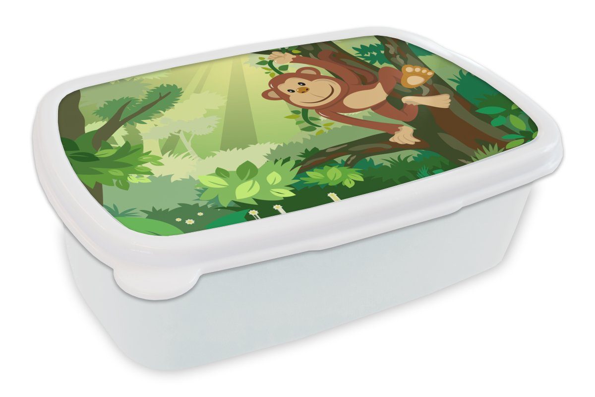 MuchoWow Lunchbox Affe - Dschungel - Jungen - Mädchen - Blumen - Kinder, Kunststoff, (2-tlg), Brotbox für Kinder und Erwachsene, Brotdose, für Jungs und Mädchen weiß