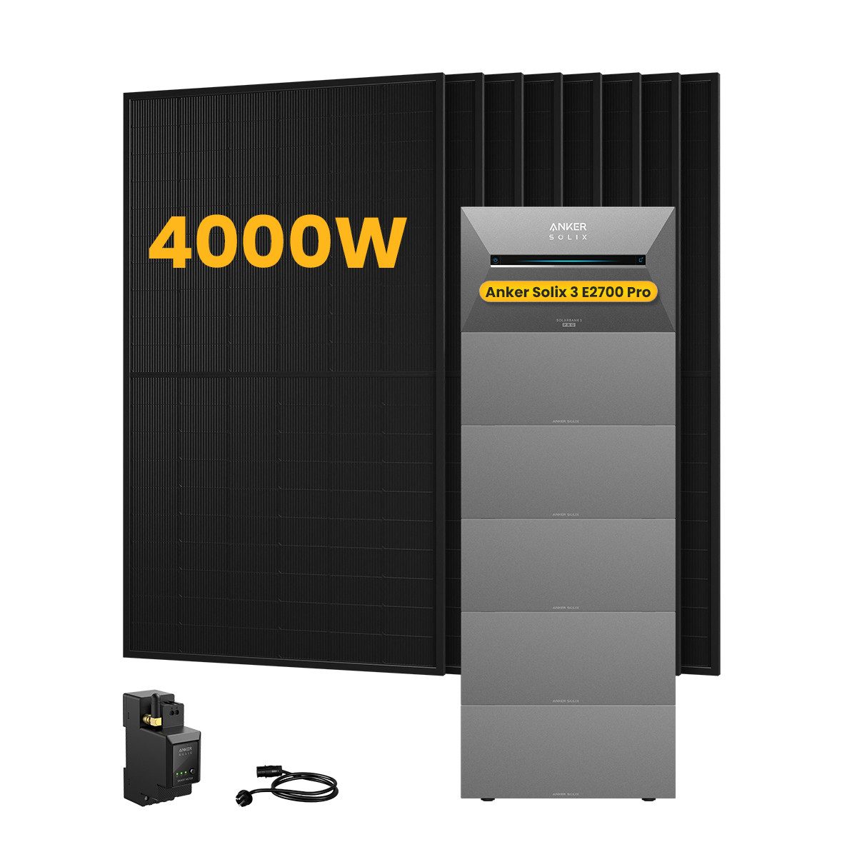 Anker Balkonkraftwerk 4000W Anker SOLIX Solarbank 3 E2700 Pro mit Smart Meter, Zusatzsakkus, (Smart Meter und 8x 500Wp Full Black im Lieferumfang enthalten), Speicher mit integriertem Wechselrichter, All-in-One 2,668kWh Akku
