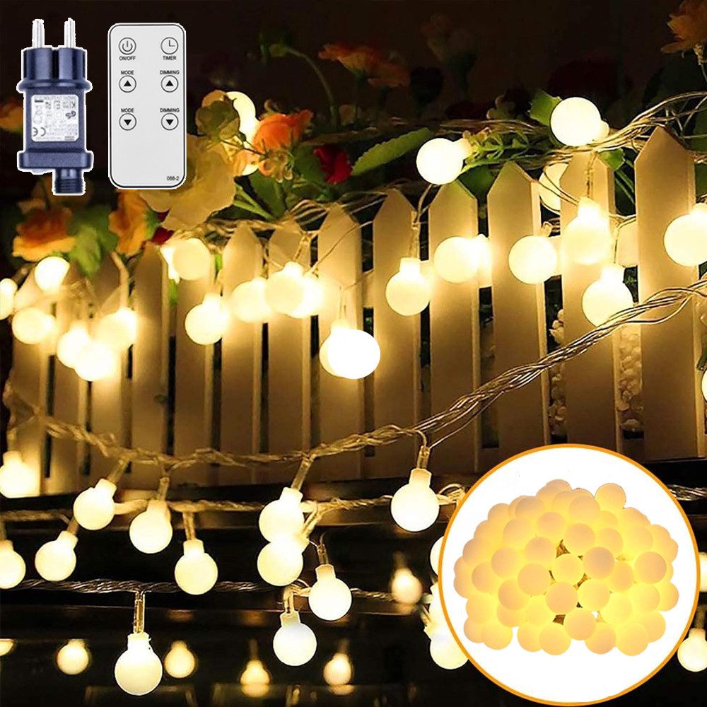 XERSEK LED-Lichterkette Kugel Weihnachts Garten Beleuchtung Dimmbar Partylichterkette Warmweiß, für Innen Außen, 10 Leuchtmode, für Weihnachten Hochzeit Party Garten