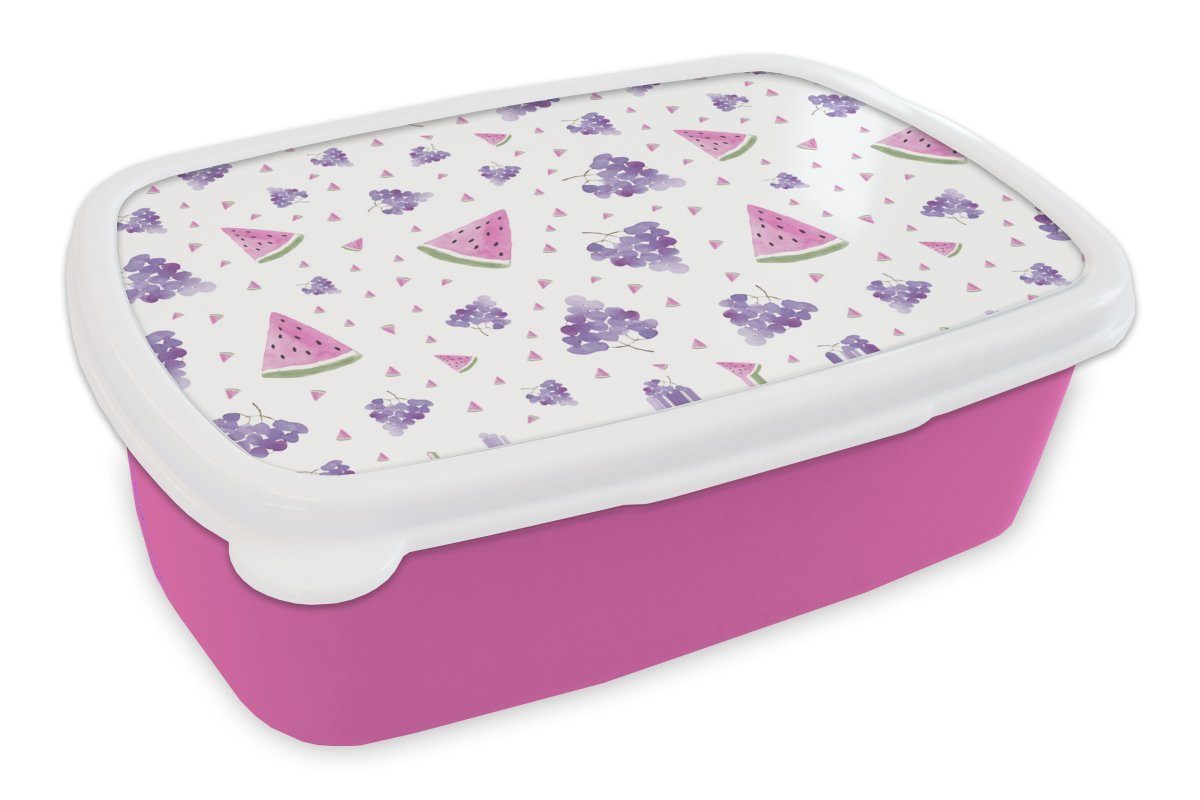 MuchoWow Lunchbox Weintrauben - Wassermelone - Pastell, Kunststoff, (2-tlg), Brotbox für Erwachsene, Brotdose Kinder, Snackbox, Mädchen, Kunststoff rosa