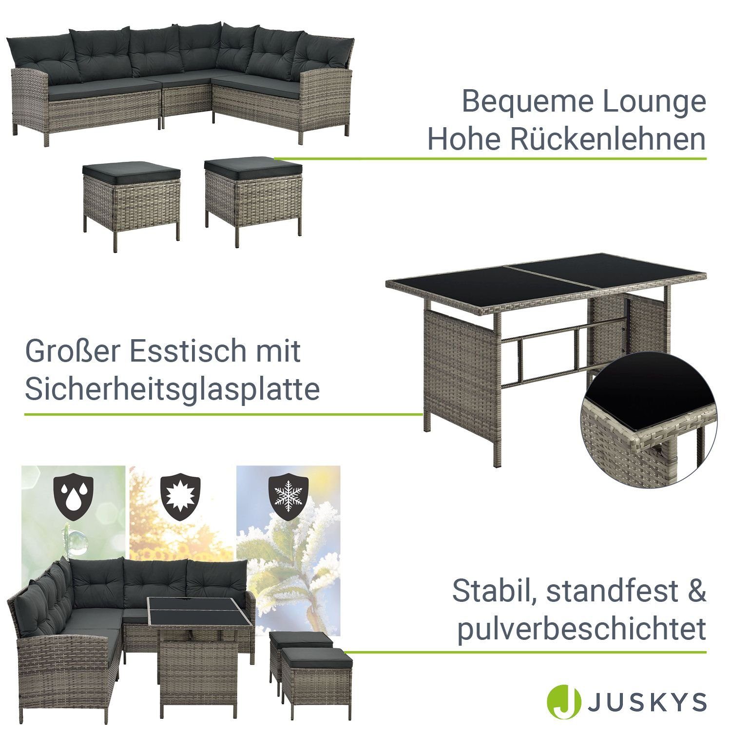 Manacor, Garten-Sofa, Juskys Gartenmöbel-Set Gartenlounge-Set mit Polyrattan 2 und (Gartenlounge), Garten-Tisch Hocker