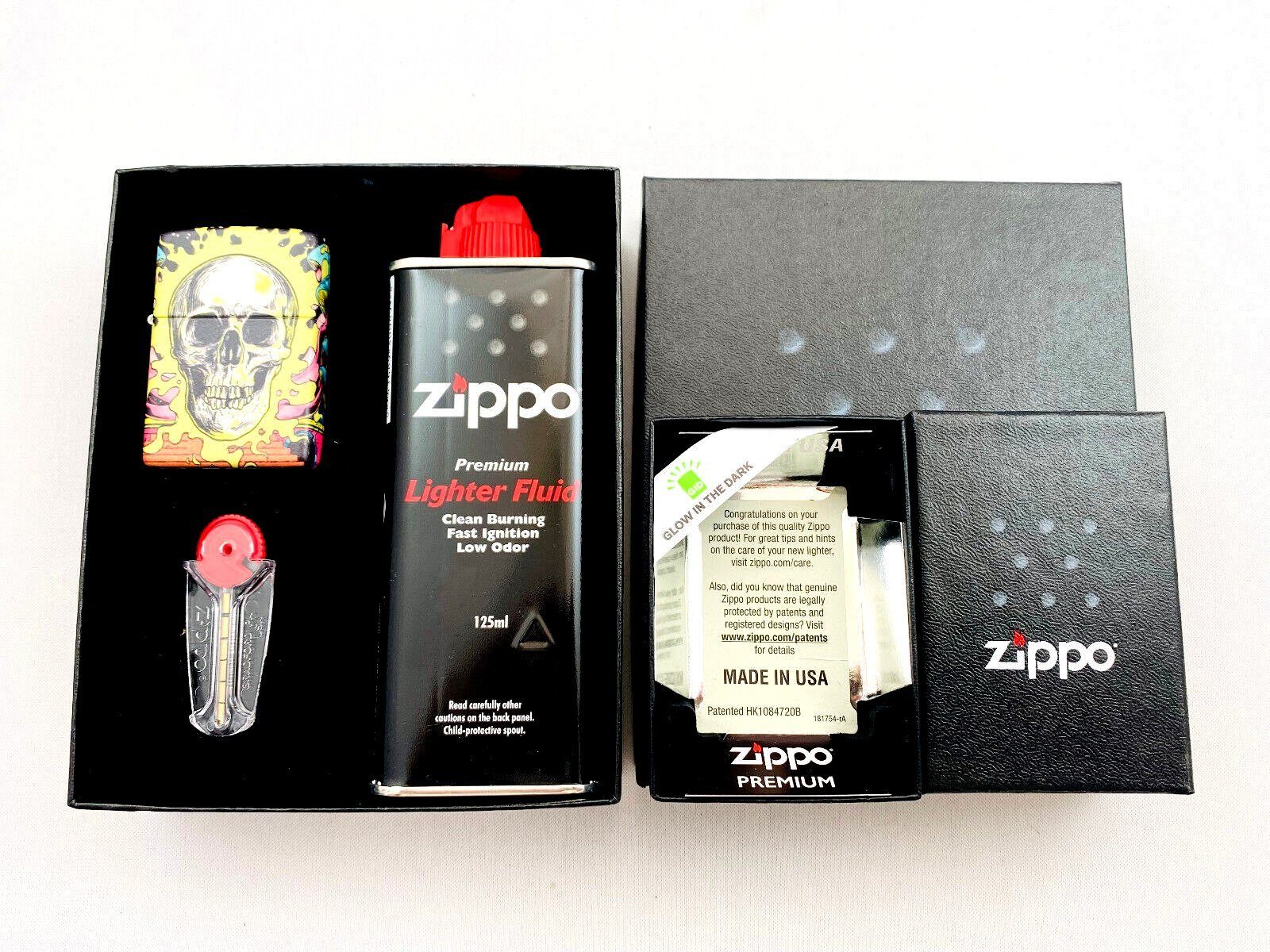 Feuerzeug ZIPPO Geschenkset 540° Totenkopf Skull Glow in the Dark Green