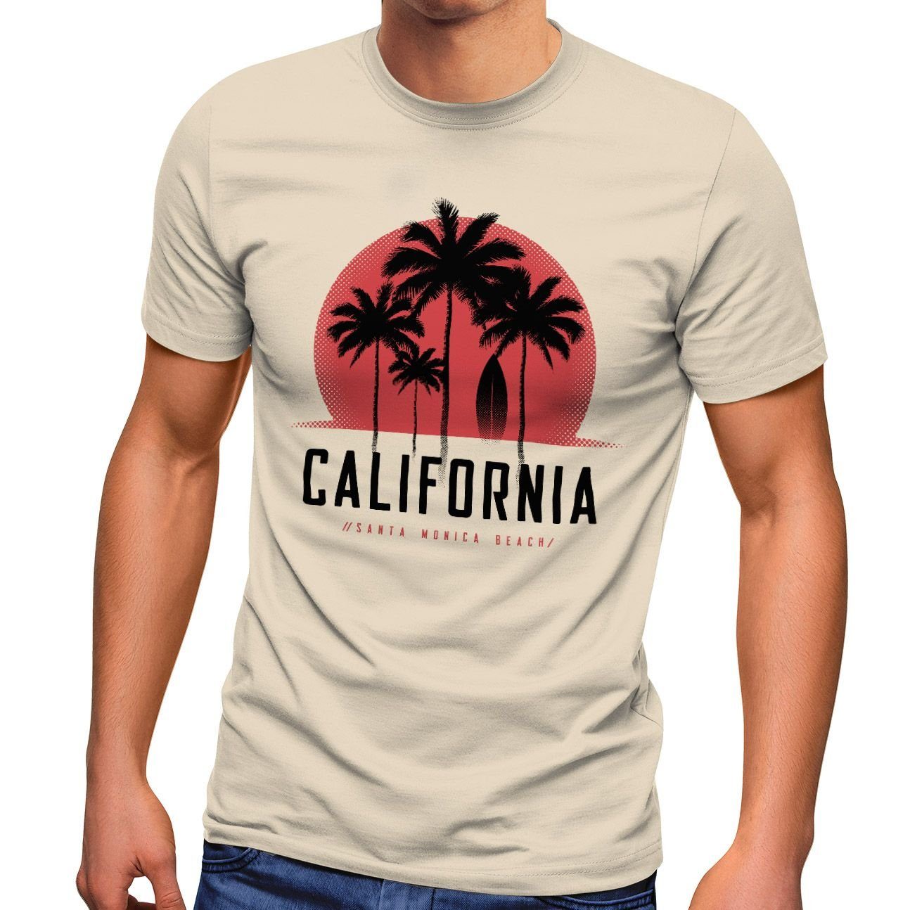 Print-Shirt Streetstyle Fashion Neverless natur Beach Palmen Print Monica Sonne Neverless® Herren Sommer Santa California mit T-Shirt