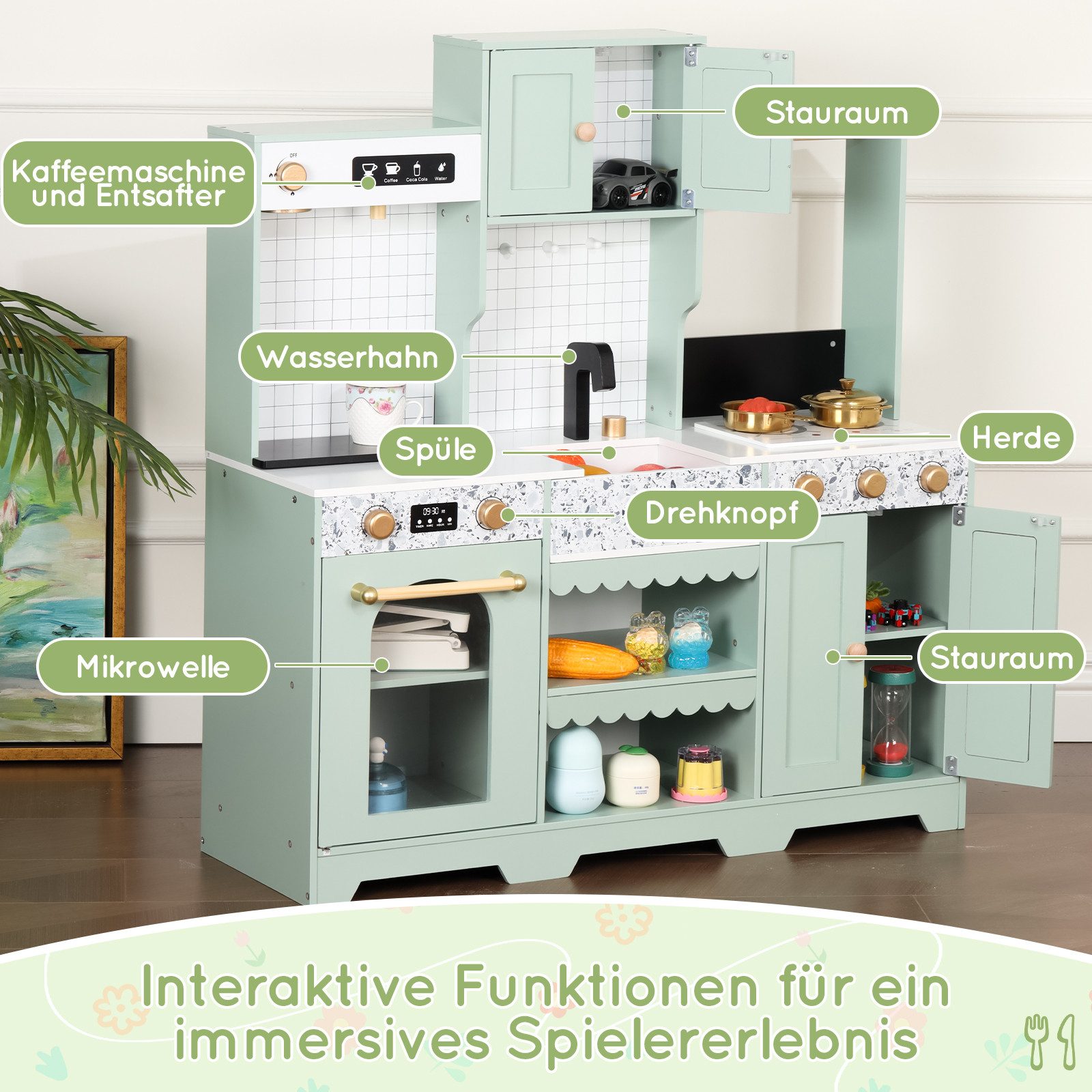 Flieks Spielküche Holz + Kunststoff, Kinderküche 30x90x98cm mit Zubehör