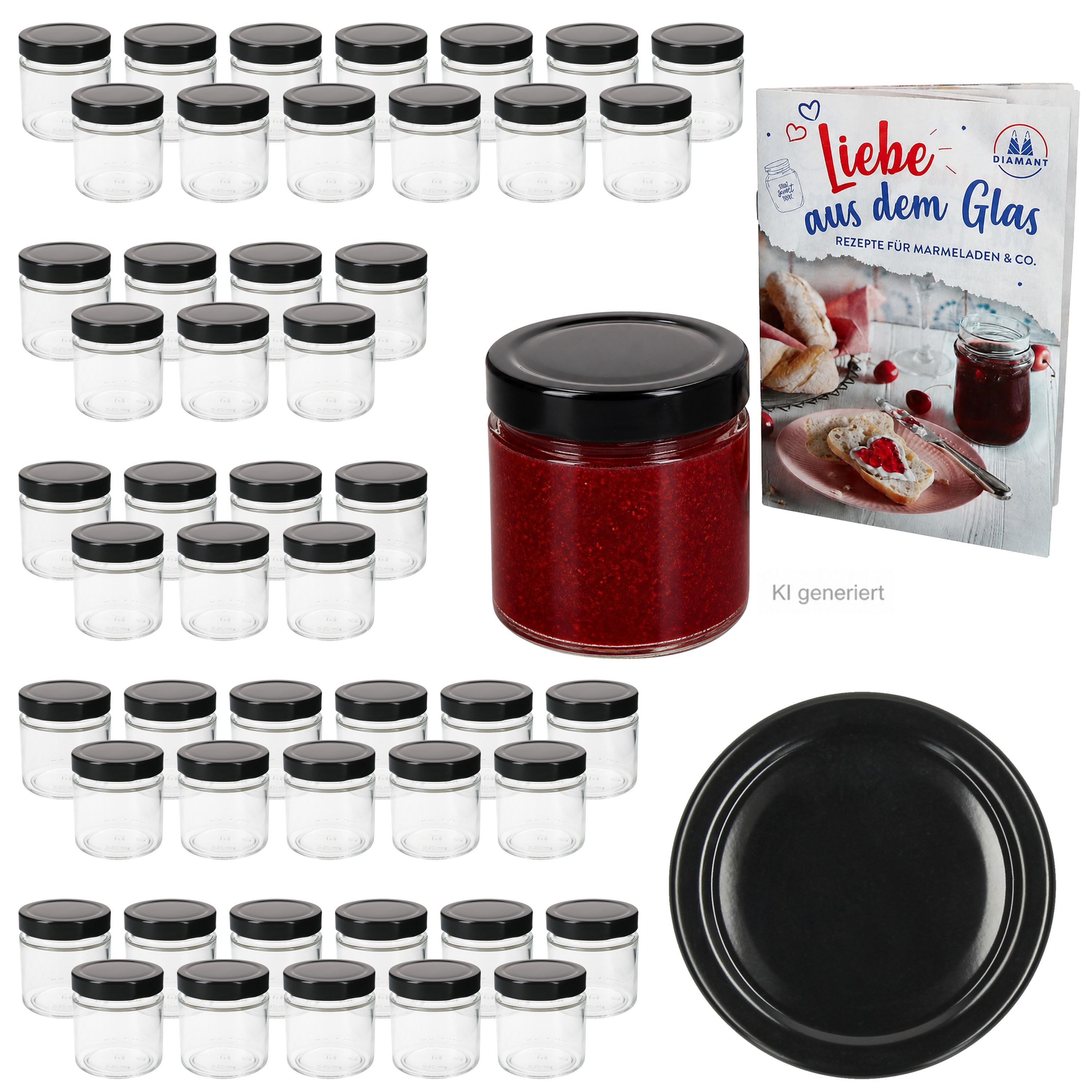 MamboCat Einmachglas 50er Set Marmeladenglas 212ml Deep Deckel Schwarz & Heft Hochrandglas, Glas