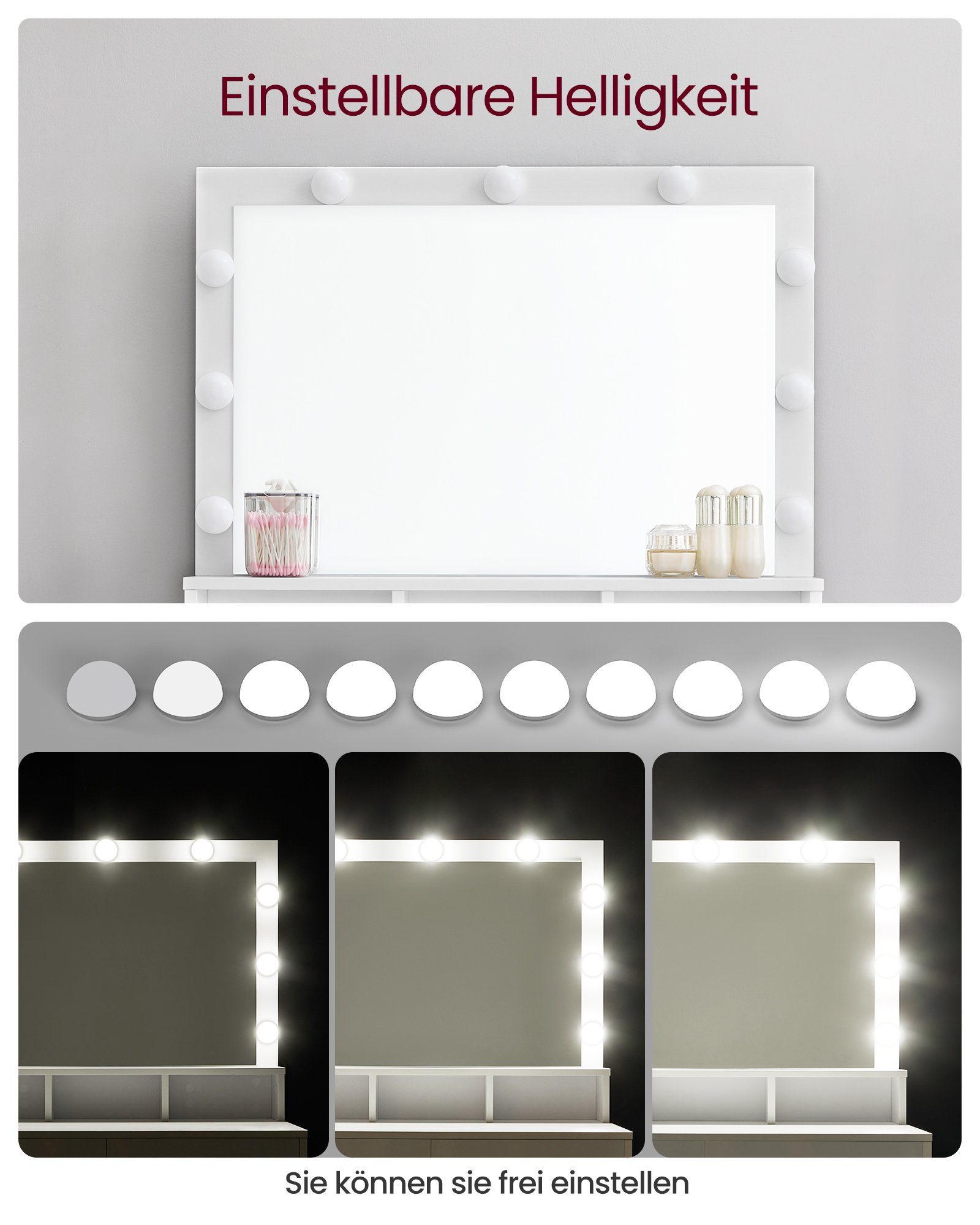 modern, mit Große dimmbaren Spiegel, Schminktisch, VASAGLE 9 Glühbirnen, weiß