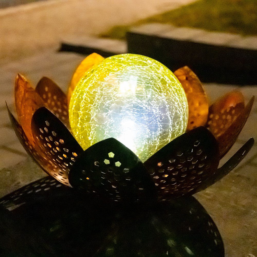 etc-shop Gartenleuchte, LED-Leuchtmittel fest verbaut, Deko Lampe Lotus Außen LED Kugel Blume Crackle-Glas Kaltweiß, Solar