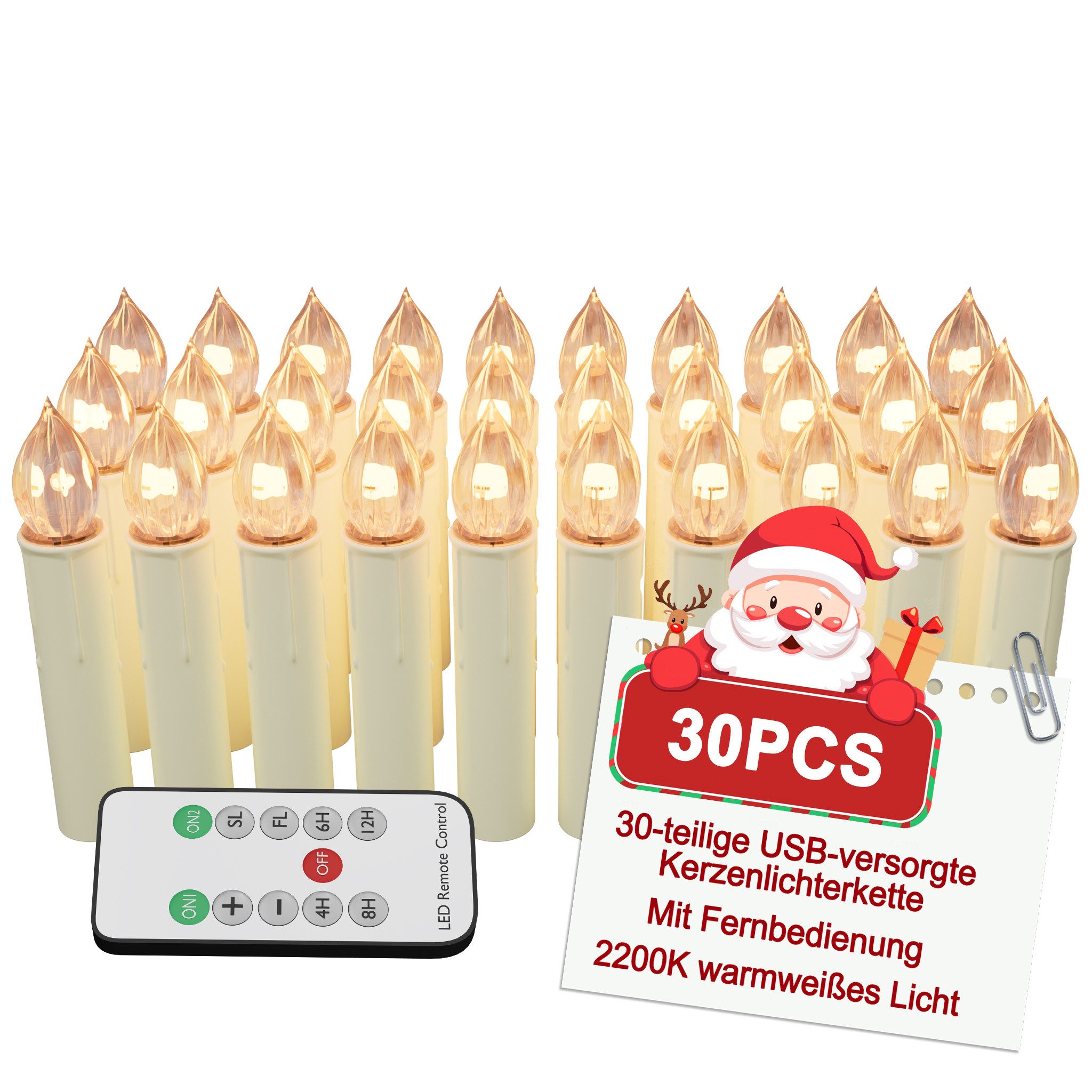 FIVMEN LED-Kerze Weihnachtskerzen mit Haken Kabellos Dimmbar Kerzen mit Fernbedienung (30-tlg), mit Timing-Funktion für Weihnachtsdeko, Weihnachtsbaum