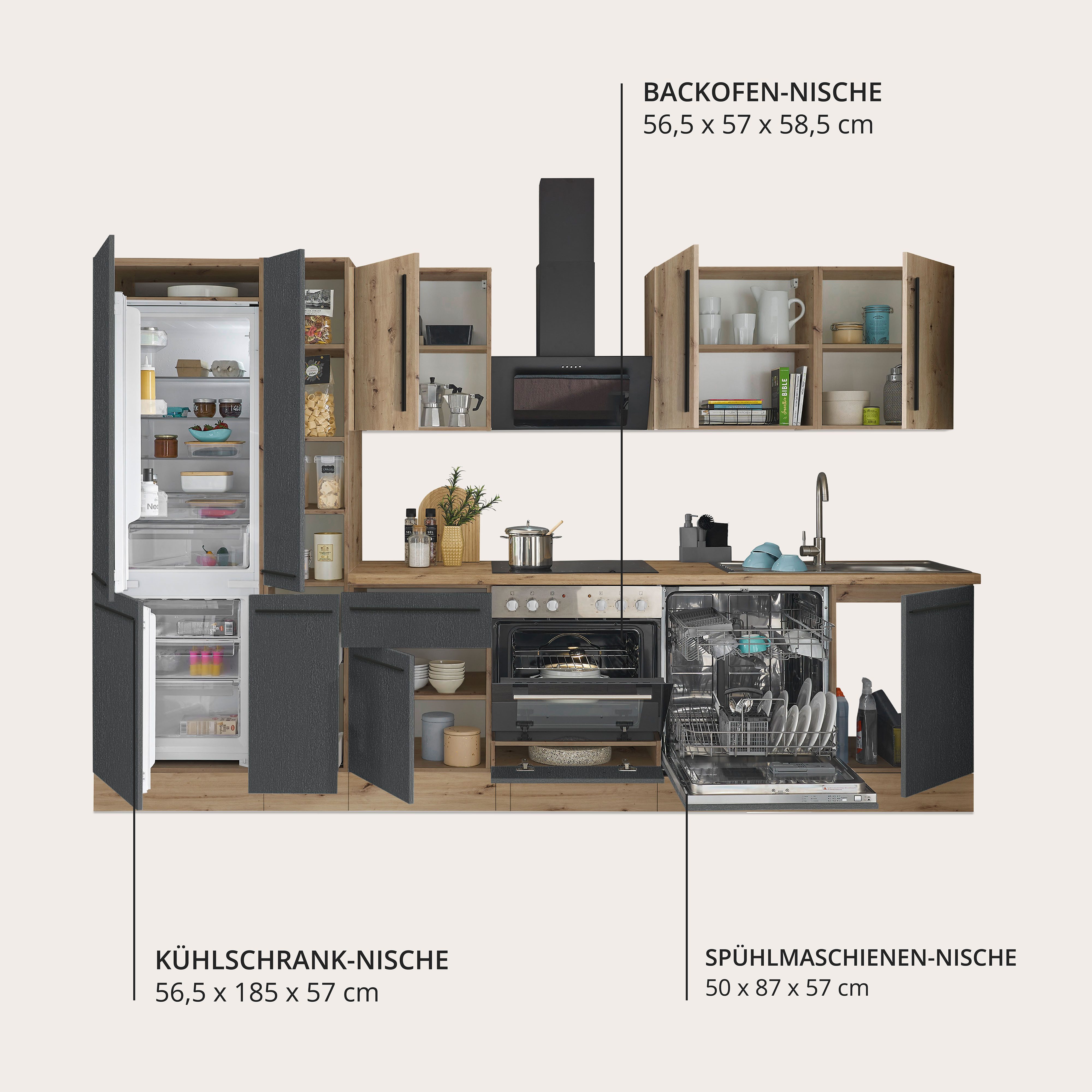 KOCHSTATION Küchenzeile Florida, Breite 310 cm, wahlweise mit E-Geräten,Softclose für Türen/Schubkästen